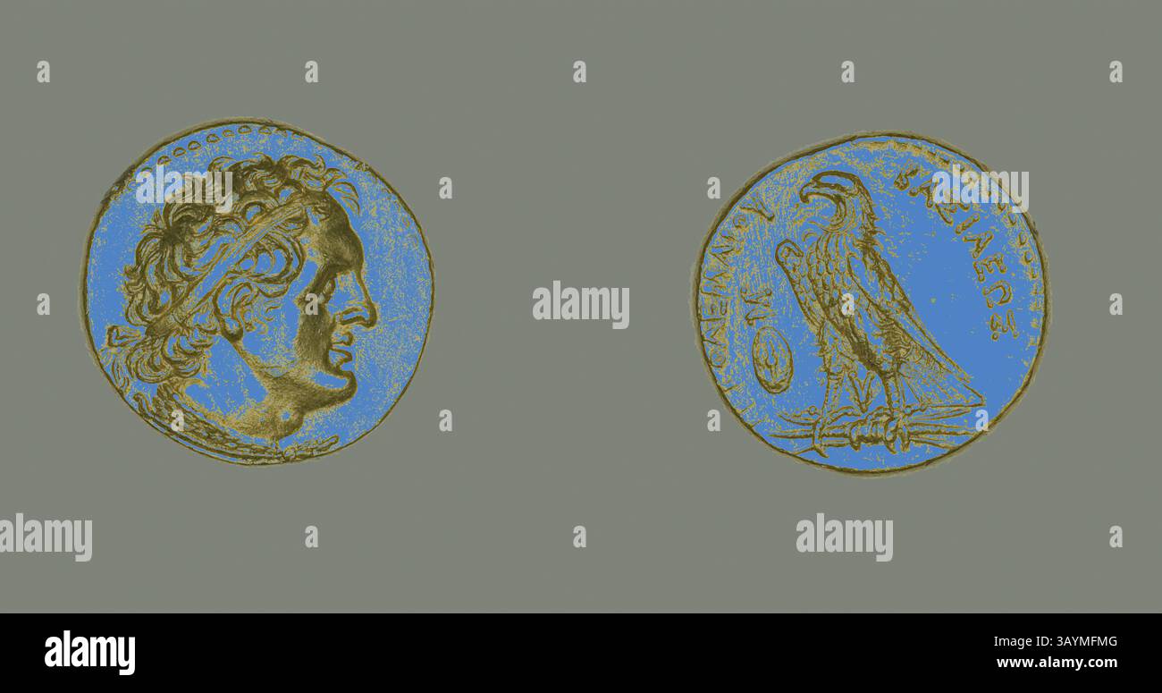 Monete antiche con un profilo di una figura storica su un lato e un'aquila con un emblema circolare sul retro, che mostra disegni e iscrizioni intricati. Pentadrachm (moneta) che ritrae re Tolomeo i Soter, 285/247 a.C., emesso da re Tolomeo II Filadelfos, greco, coniato a Cipro, Cipro, oro, diam. Arte classica da 2,4 cm, 17,82 g con un tocco moderno reinventata da Artotop Foto Stock