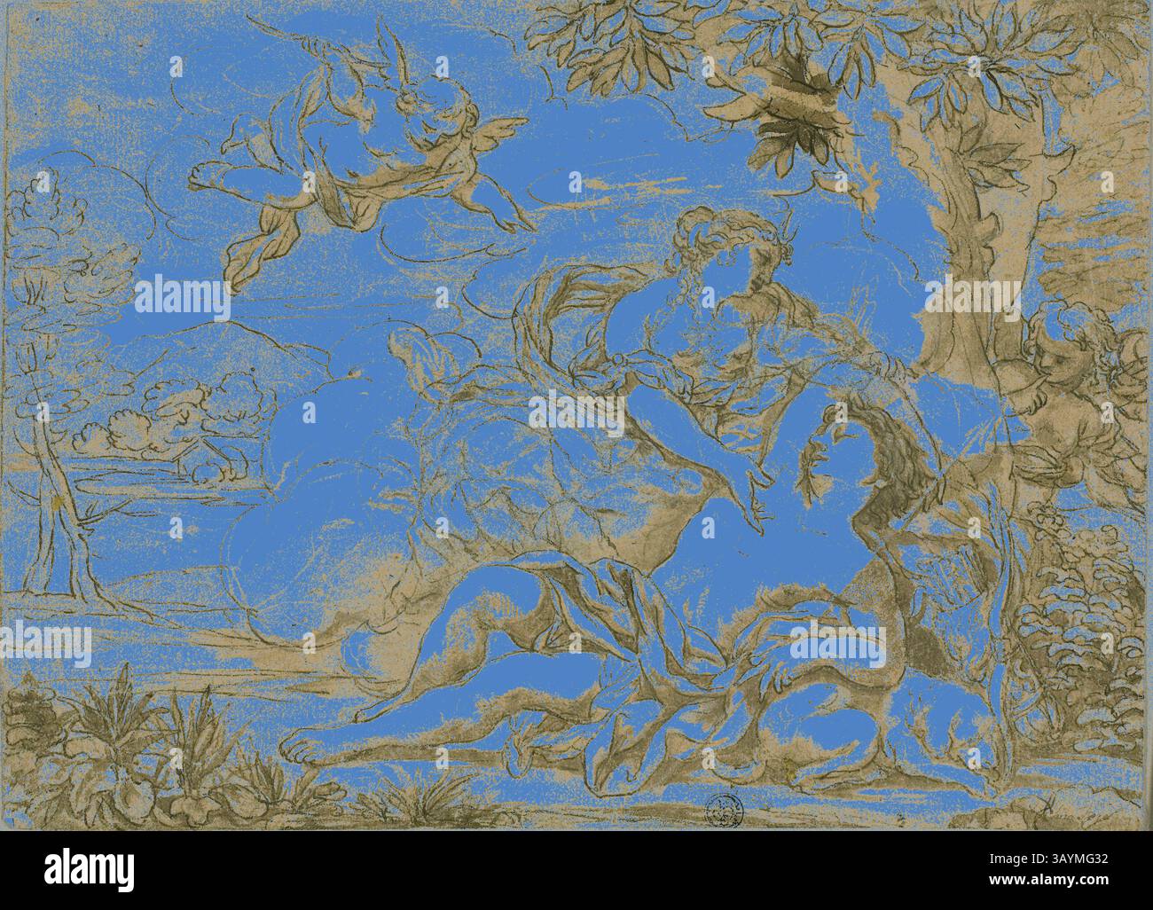 Una scena serena presenta una donna graziosa circondata da lussureggianti foglie e giocosi cherubini, che incarnano temi di natura e armonia. La composizione mette in evidenza dettagli intricati nelle figure e nell'ambiente naturale. Diana ed Endymion, n.d., probabilmente dopo Ciro Ferri, italiano, 1634-1689, Italia, penna e inchiostro marrone, con pennello e lavaggio marrone, accentuato con piombo bianco (scolorito), su gesso nero, su carta posata, su carta panna, posata su carta panna, 219 x 302 mm Arte classica con un tocco moderno reinventata da Artotop Foto Stock