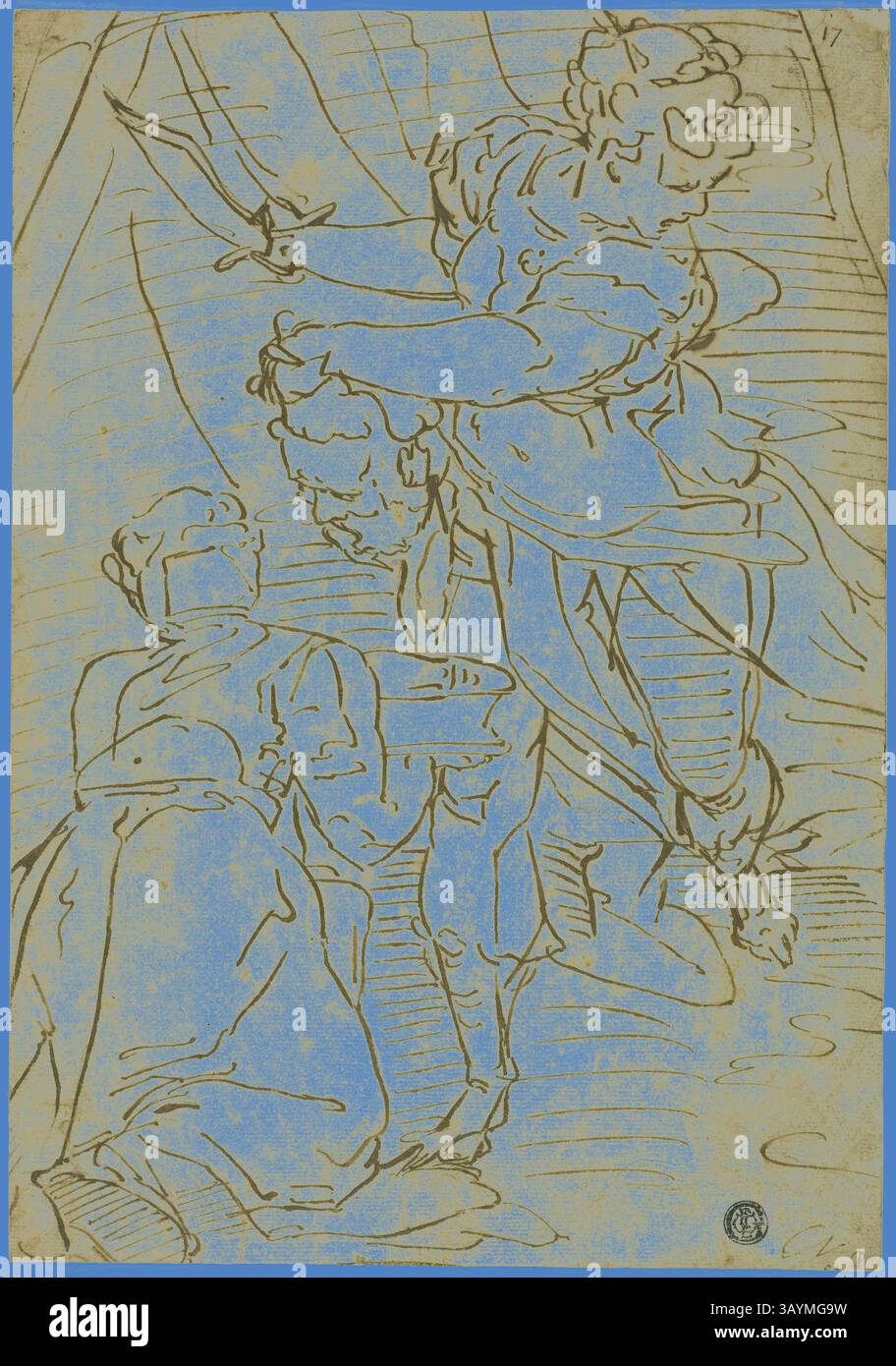 Una scena dinamica raffigura una figura che brandisce una spada, impegnata in una vivace interazione con un altro personaggio. La composizione evidenzia il movimento espressivo, enfatizzando il dramma e l'energia tra le due figure, ambientate su uno sfondo che suggerisce profondità e movimento. Judith con il Capo di Holofernes, 1550/60, Scuola di Luca Cambiaso, italiano, 1527-1585, Italia, penna e inchiostro marrone, su tracce di gesso nero, su carta panna, su carta posata in avorio, 294 x 205 mm Arte classica con un tocco moderno reinventata da Artotop Foto Stock