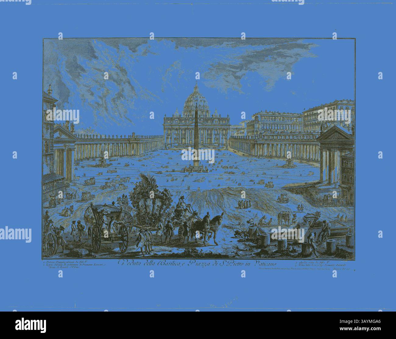 Una scena storica che raffigura la grandezza di Piazza San Pietro nella città del Vaticano, dove persone e carrozze riempiono lo spazio intorno a un obelisco prominente, incorniciato dall'architettura classica e dalla vivace attività. Il cielo è pieno di nuvole vorticose che aggiungono dinamismo all'ambiente sereno. Veduta della Basilica di San Pietro e Piazza in Vaticano, da Views of Rome, 1748, Giovanni Battista Piranesi, italiano, 1720-1778, Italia, incisione su carta posato avorio pesante, 380 x 536 mm (immagine), 404 x 543 mm (piastra), 522 x 665 mm (foglio) Arte classica con un tocco moderno reinventata da Artotop Foto Stock