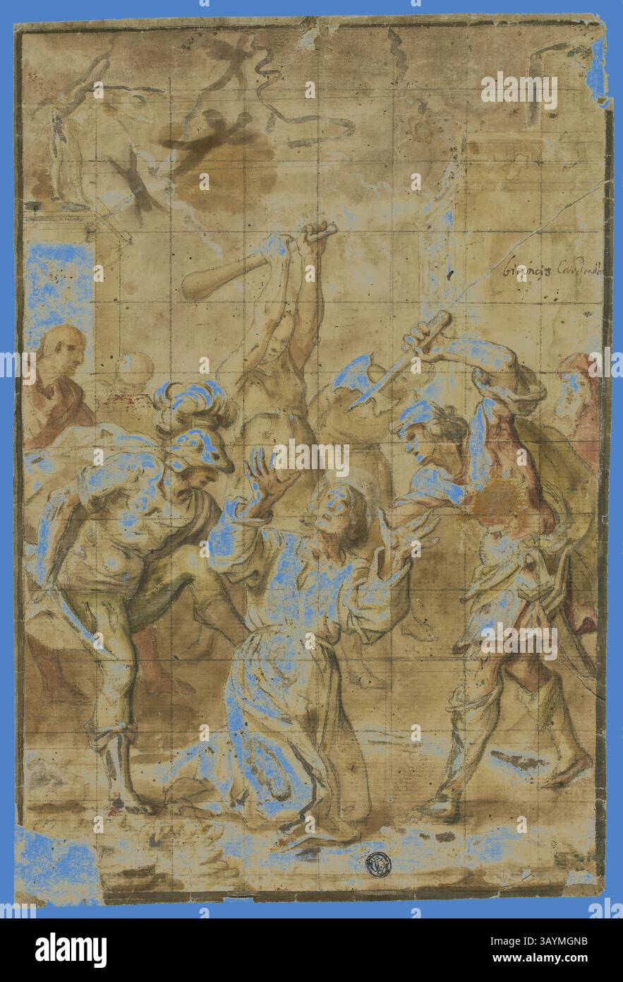 Una scena drammatica raffigura un gruppo di uomini che si confrontano con una figura inginocchiata, che sembra implorare pietà. Alcune figure hanno armi, suggerendo un momento di tensione e violenza. L'ambientazione suggerisce una narrazione storica o biblica, con espressioni di rabbia e disperazione evidenti tra i personaggi. Martirio di un santo, 1626/32, laboratorio di Vicencio Carducho, italiano, 1570-1638, Italia, Acquerello e gesso nero, accresciuto di bianco piombo (scolorito), su carta panna, posato su carta avorio, 344 x 236 mm Arte classica con un tocco moderno reinventata da Artotop Foto Stock