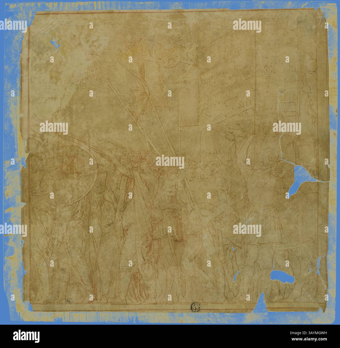 Una scena storica che raffigura un gruppo di figure impegnate in una marcia dinamica, brandendo bandiere e armature, trasmettendo al contempo un senso di movimento e urgenza. Lo sfondo suggerisce un ambiente antico, con elementi architettonici che suggeriscono una grande narrazione. Studio per i Trionfi di Giulio Cesare: Canvas No I, n.d., dopo Andrea Mantegna, italiano, 1431-1506, Italia, penna e inchiostro marrone con matita rossa, su carta marrone, stilata su carta a tessitura avorio, 276 x 281 mm Arte classica con un tocco moderno reinventata da Artotop Foto Stock