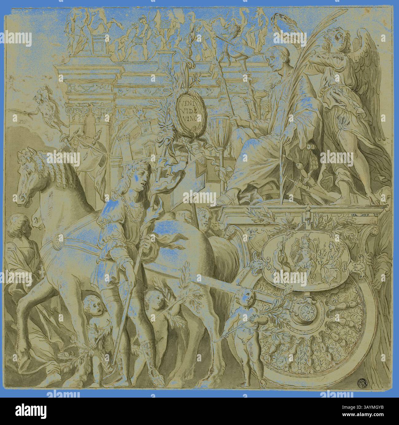 Una grande scena raffigurante una figura regale seduta in un carro, fiancheggiata da rappresentazioni allegoriche di virtù e accompagnata da un cavallo ornato. La composizione è ricca di dettagli intricati, che mostrano vari personaggi e decorazioni elaborate, enfatizzando temi di trionfo e guida divina. Trionfi di Giulio Cesare: Tela n. IX, XVIII secolo, dopo Andrea Mantegna, italiano, 1431-1506, Italia, penna e inchiostro marrone, con pennello e lavaggio grigio, accentuato con piombo bianco (ossidato), su carta panna posata preparata con lavaggio giallo, 372 x 377 mm Arte classica con un tocco moderno reinventata da Foto Stock