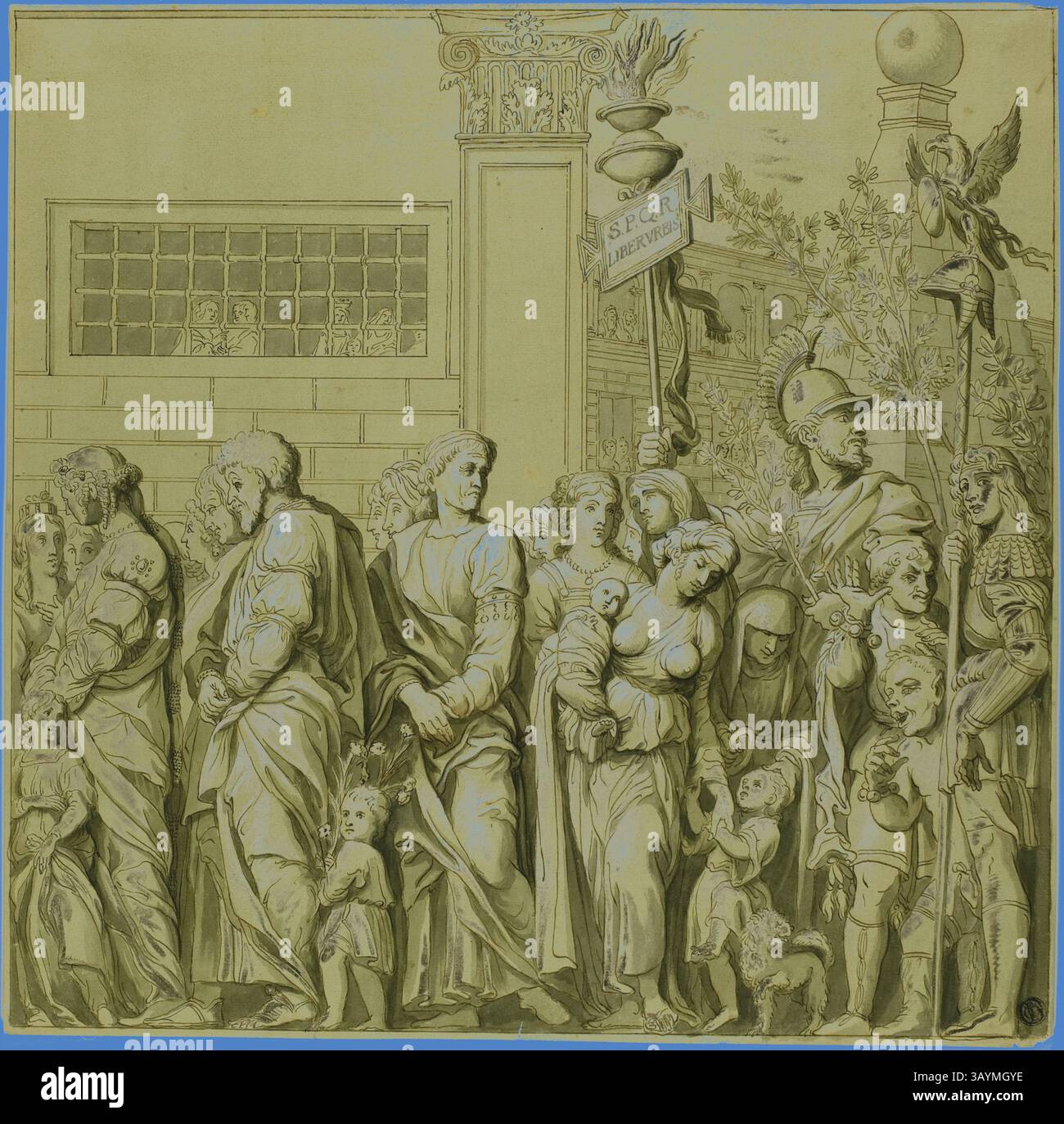 Un gruppo diversificato di figure, tra cui donne, uomini e bambini, si muove attraverso una scena piena di varie espressioni e interazioni. Alcune persone hanno bandiere o oggetti, mentre altre sembrano coinvolte in conversazione o contemplazione. Lo sfondo presenta elementi architettonici che suggeriscono un senso di significato storico o culturale. Trionfi di Giulio Cesare: Tela n. VII, XVIII secolo, dopo Andrea Mantegna, italiano, 1431-1506, Italia, penna e inchiostro marrone, con pennello e lavaggio grigio, accentuato con piombo bianco (ossidato), su carta panna posata preparata con lavaggio giallo, 370 x 372 mm Foto Stock