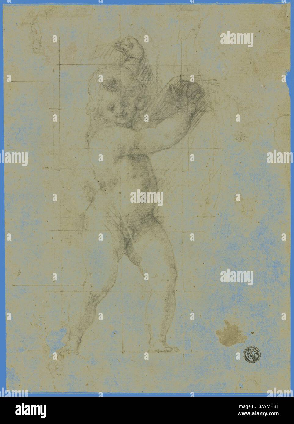 Un classico studio artistico che raffigura una figura cherubica in una posa dinamica, mostrando caratteristiche anatomiche dettagliate ed espressioni giocose. Il disegno include linee della griglia sbiadite, suggerendo uno schizzo preparatorio per un lavoro più grande. Putto with Raised Arms, 1580/90, Cristofano Roncalli, detto il Pomarancio, italiano, 1552-1626, Italia, gesso nero su carta posato avorio, quadrato in gesso nero, posato su carta panna, 235 x 173 mm Arte classica con un tocco moderno reinventato da Artotop Foto Stock