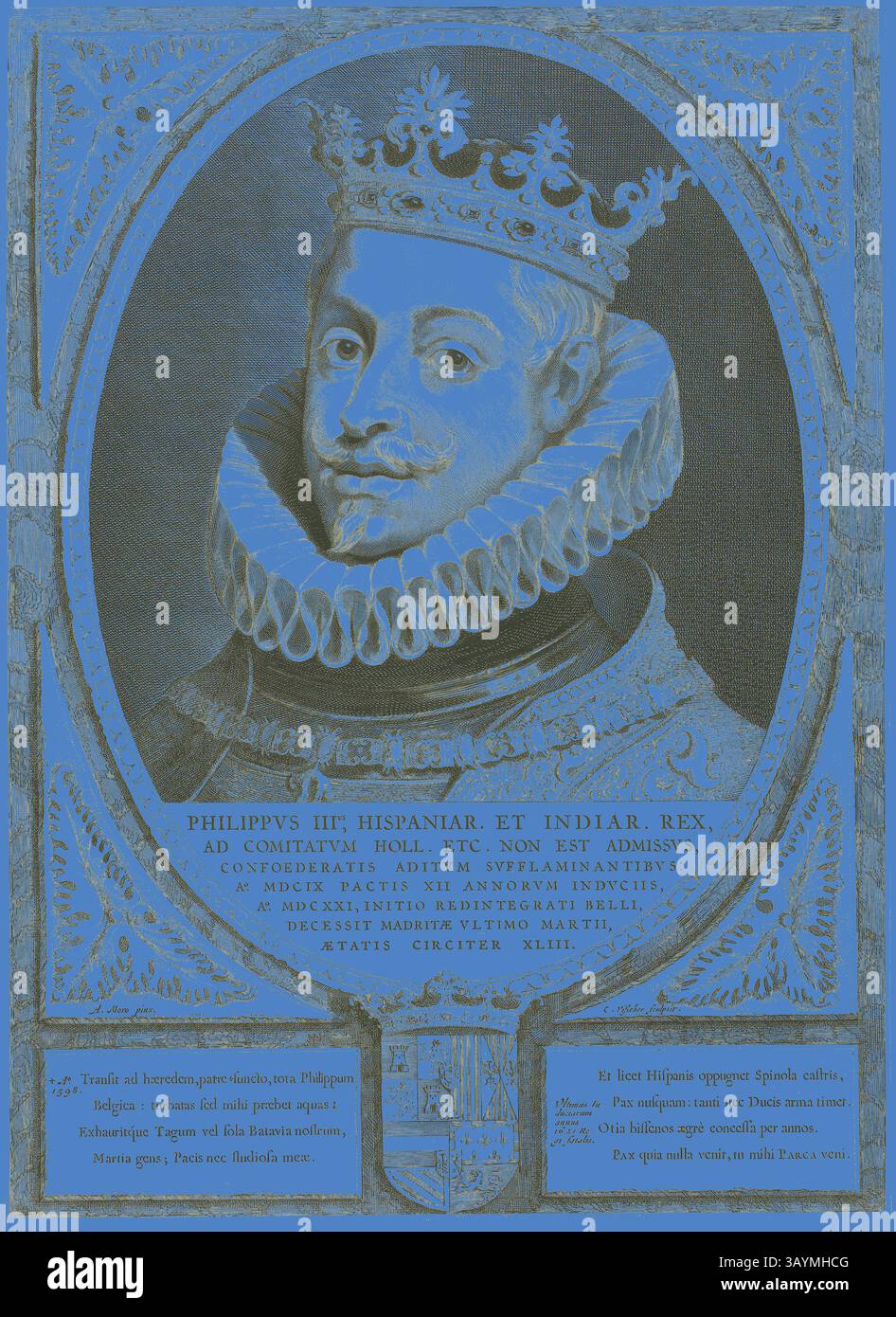 Una figura regale adornata con abiti ornati e un sontuoso ruff, coronato e incorniciato da elaborati elementi decorativi, simboleggia l'autorità e la nobiltà. L'iscrizione che accompagna evidenzia il lignaggio reale e il titolo dell'individuo. Filippo III, re di Spagna, n.d., Cornelis Visscher, il Vecchio (fiammingo, c. 1520-1586), dopo Anthonis Mor (olandese, 1516/20-1575/76), Olanda, incisione su carta Arte classica con un tocco moderno reinventata da Artotop Foto Stock
