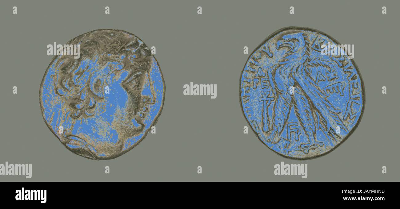 Una rappresentazione dettagliata di un'antica moneta con un profilo di una figura su un lato e un'aquila arroccata su un fulmine sul retro, con intricate iscrizioni intorno ai bordi. Tetradrachm (moneta) che ritrae Demetrio II Nikatore di Siria, 130/129 a.C., regno di Demetrio II Nikatore di Siria, 145–139 a.C. e 129–125 a.C., greco, coniato in Tiro, Tiro, Argento, diam. Arte classica da 2,6 cm, 14,05 g con un tocco moderno reinventata da Artotop Foto Stock