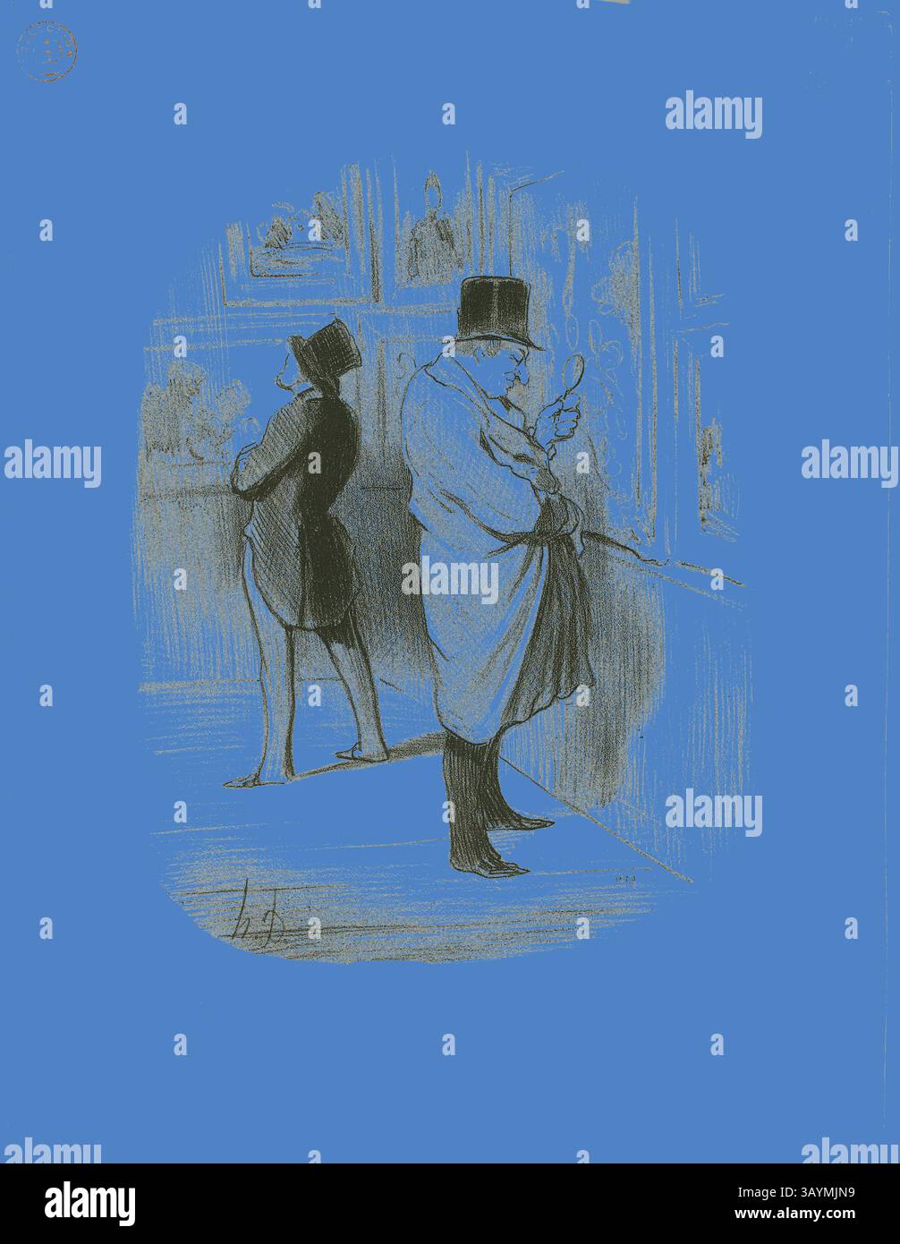 Due figure elegantemente vestite stanno di profilo, una impegnata in un'osservazione profonda, mentre l'altra appare persa nel pensiero. Sono circondati da una galleria d'arte, che mostra il loro apprezzamento per la cultura e le arti I cappelli e i cappotti sartoriali evocano un senso di raffinatezza e raffinatezza. A True Art Lover, piatto 66 da Les Bons Bourgeois, 1847, Honoré Victorin Daumier, francese, 1808-1879, Francia, litografia in nero su carta tessuta bianca, 257 x 200 mm (immagine), 359 x 276 mm (foglio) Arte classica con un tocco moderno reinventata da Artotop Foto Stock