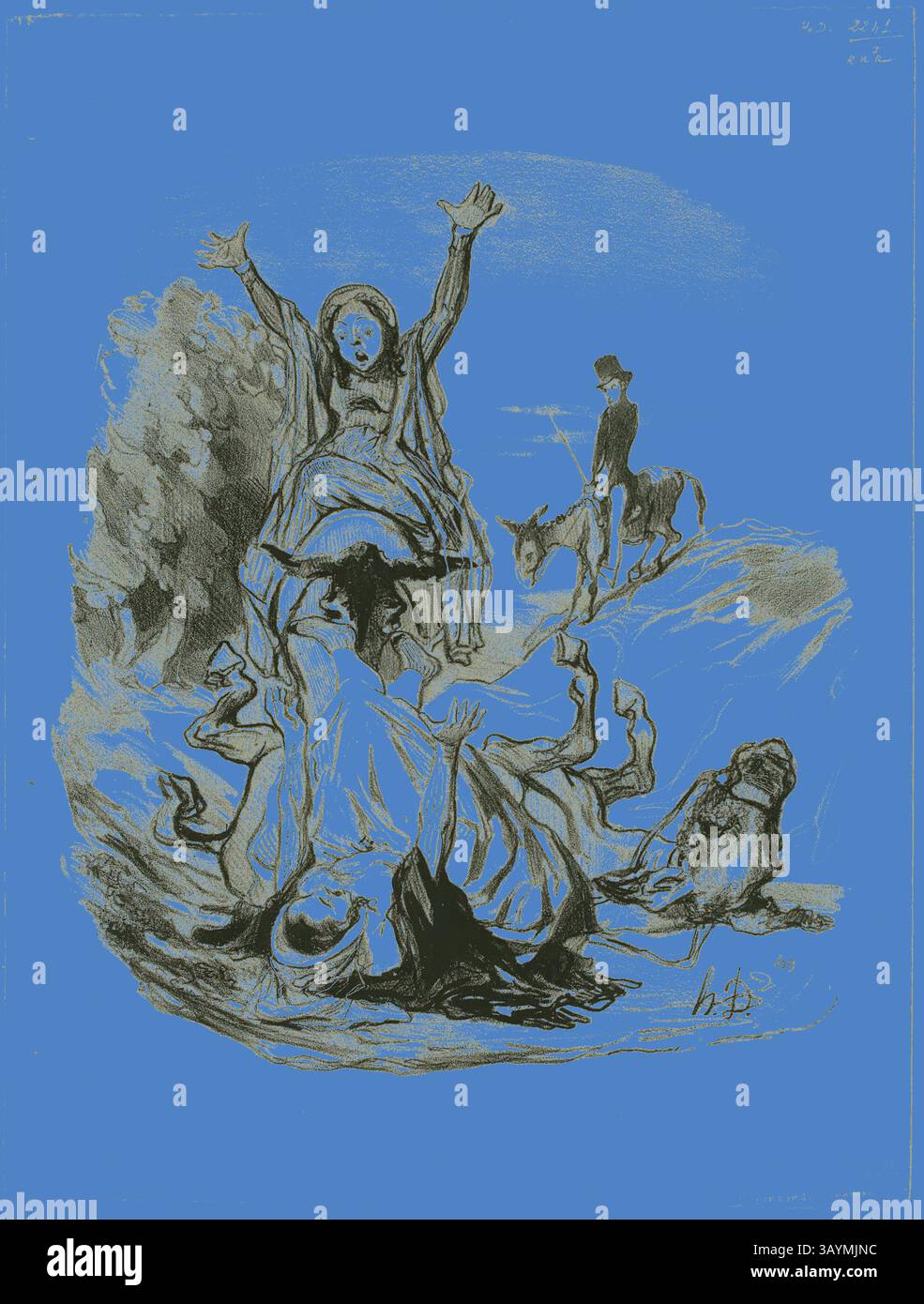 Una scena drammatica si svolge con una donna che solleva le braccia in pericolo, mentre sotto di lei un'altra figura giace per terra. Sullo sfondo, una persona a cavallo osserva e un cane osserva gli eventi che si svolgono, aggiungendo uno strato di tensione al momento. I colori contrastanti amplificano l'intensità emotiva della situazione. - Oh mio Dio, mamma, mamma!….. Per l'amor del cielo... Mia figlia, mia figlia!!!, piatto 26 da Pastorales, 1845, Honoré Victorin Daumier, francese, 1808-1879, Francia, litografia in nero su carta tessuta bianca, 271 x 236 mm (immagine), 350 x 265 mm (foglio) Arte classica con un moderno Foto Stock