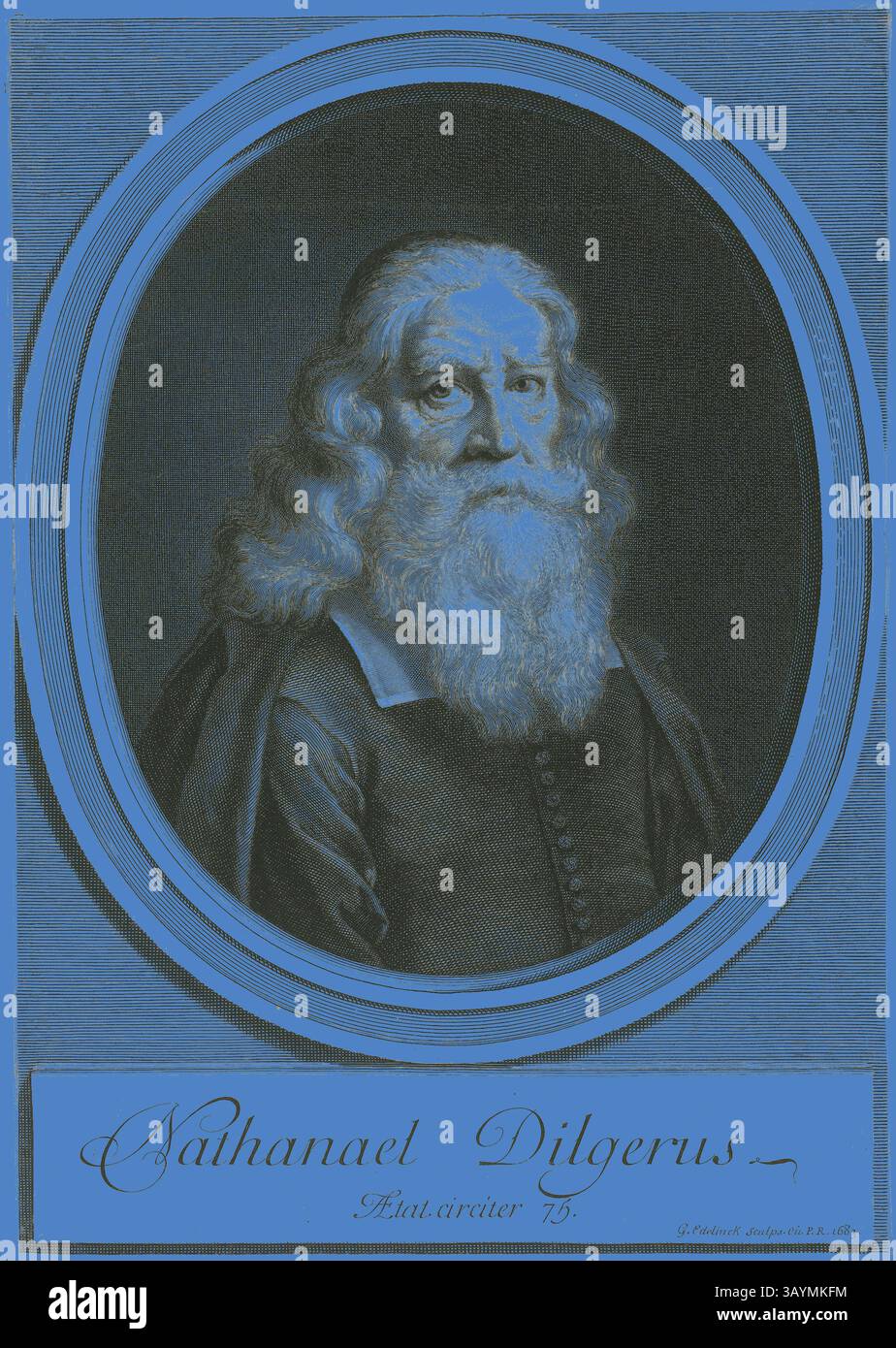 Un ritratto dignitoso di un uomo con capelli lunghi e fluenti e una barba prominente, vestito con un indumento scuro. La sua espressione premurosa e lo sguardo penetrante suggeriscono saggezza ed esperienza. Il pezzo presenta una cornice ovale con un bordo decorativo, insieme al nome "Nathanael Dilgerus" ben visibile sotto. Nathanael Dilgerus, 1683, Gérard Edelinck, francese, nato nelle Fiandre, 1640-1707, Francia, incisione su carta, 301 x 218 mm (foglio, rifilato all'interno del platemark) Arte classica con un tocco moderno reinventata da Artotop Foto Stock