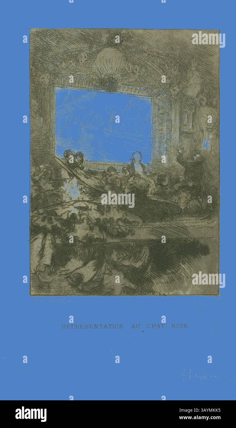 Una scena artistica cattura un interno elegante, caratterizzato da un raduno di mecenati che si godono uno spettacolo teatrale. L'ambiente è arricchito da un decor sontuoso e da una luce suggestiva, che riflette un certo fascino e raffinatezza. Un'ampia finestra offre una vista sul mondo esterno, migliorando il fascino dell'ambiente. In fondo, un titolo suggerisce il significato culturale dell'evento. At the Chat Noir, 1893, Louis Auguste Lepère, francese, 1849-1918, Francia, incisione e acquatinta su carta intrecciata di panna, 113 x 80 mm (immagine), 161 x 112 mm (foglio) Arte classica con un tocco moderno reinventata da Artotop Foto Stock