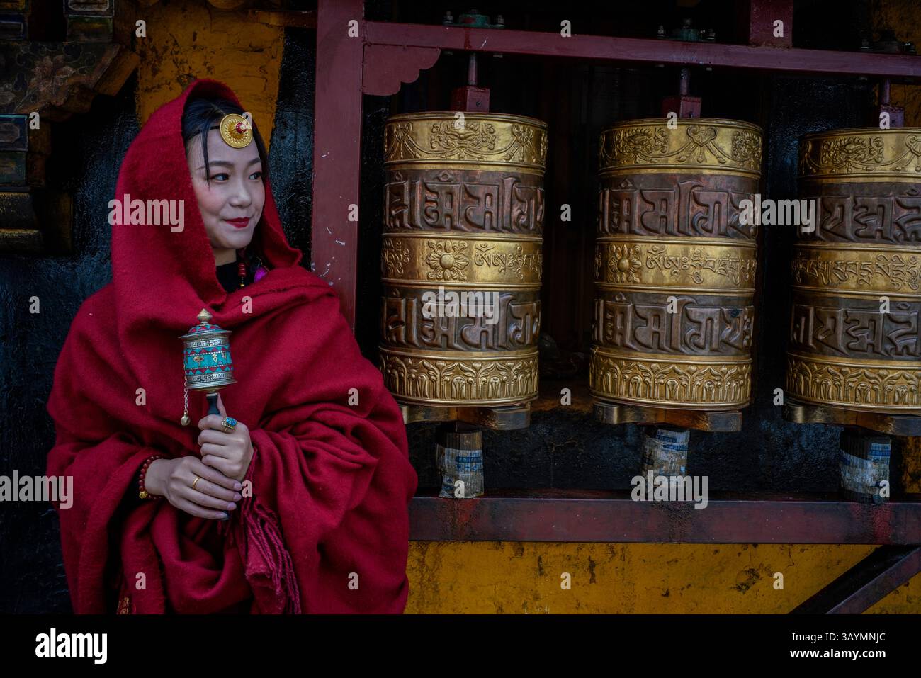 I giovani turisti cinesi vestiti con abiti tradizionali stilizzati posano per le fotografie mentre esplorano le strade storiche di Lhasa, in Tibet. Il loro garme Foto Stock