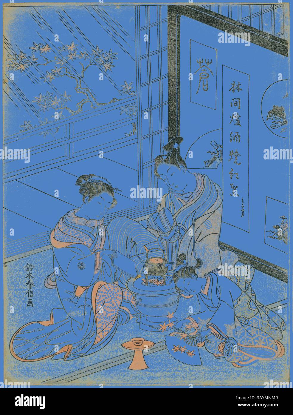 Tre donne in abbigliamento tradizionale sono impegnate in un sereno momento di arte e cura, circondate da delicate decorazioni ed elementi ispirati alla natura. L'atmosfera evoca un senso di armonia e ricchezza culturale, mostrando la bellezza dell'artigianato e i legami condivisi tra di loro. Burning Maple Leaves to Heat Sake, c. 1768, Suzuki Harunobu 鈴木 春信, Japanese, 1725 (?)-1770, Japan, Color Woodblock print, coprimozzo, 28,7 x 21,6 cm (1/4 x 1/4 pollici) Arte classica con un tocco moderno reinventata da Artotop Foto Stock