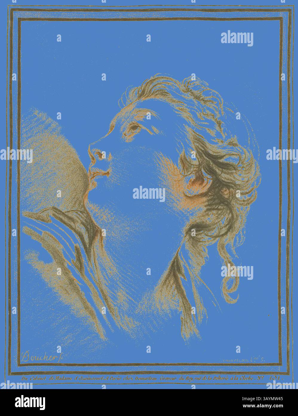 Un profilo di una giovane donna contemplativa guarda verso l'alto, i suoi capelli fluenti inquadrano delicatamente il suo viso. Lo sfondo irradia un blu vibrante, in contrasto con le linee delicate e le sfumature sottili che catturano la sua espressione serena e le sue caratteristiche delicate. Capo di una donna, c. 1767, Gilles Demarteau (francese, 1722-1776), dopo Francois Boucher (francese, 1703-1770), Francia, incisione Crayon-Way in rosso e nero su carta posata avorio, 217 x 165 mm (foglio, tagliato all'interno del piatto) Arte classica con un tocco moderno reinventata da Artotop Foto Stock