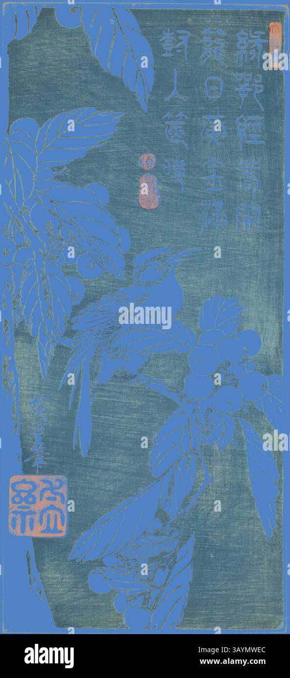 Una vibrante rappresentazione di una lussureggiante pianta con foglie e frutta dettagliate, in contrasto con un ricco sfondo testurizzato. I tratti delicati creano un'intricata rappresentazione della natura, accompagnata da caratteri stilizzati e sigilli che suggeriscono un significato culturale. Loquat and Bird, primi anni '1830, Utagawa Hiroshige 歌川 広重, giapponese, 1797-1858, Giappone, Stampa a blocchi di legno a colori, otanzaku, 38,2 x 17,2 cm (15 x 6 3/4 pollici) Arte classica con un tocco moderno reinventata da Artotop Foto Stock