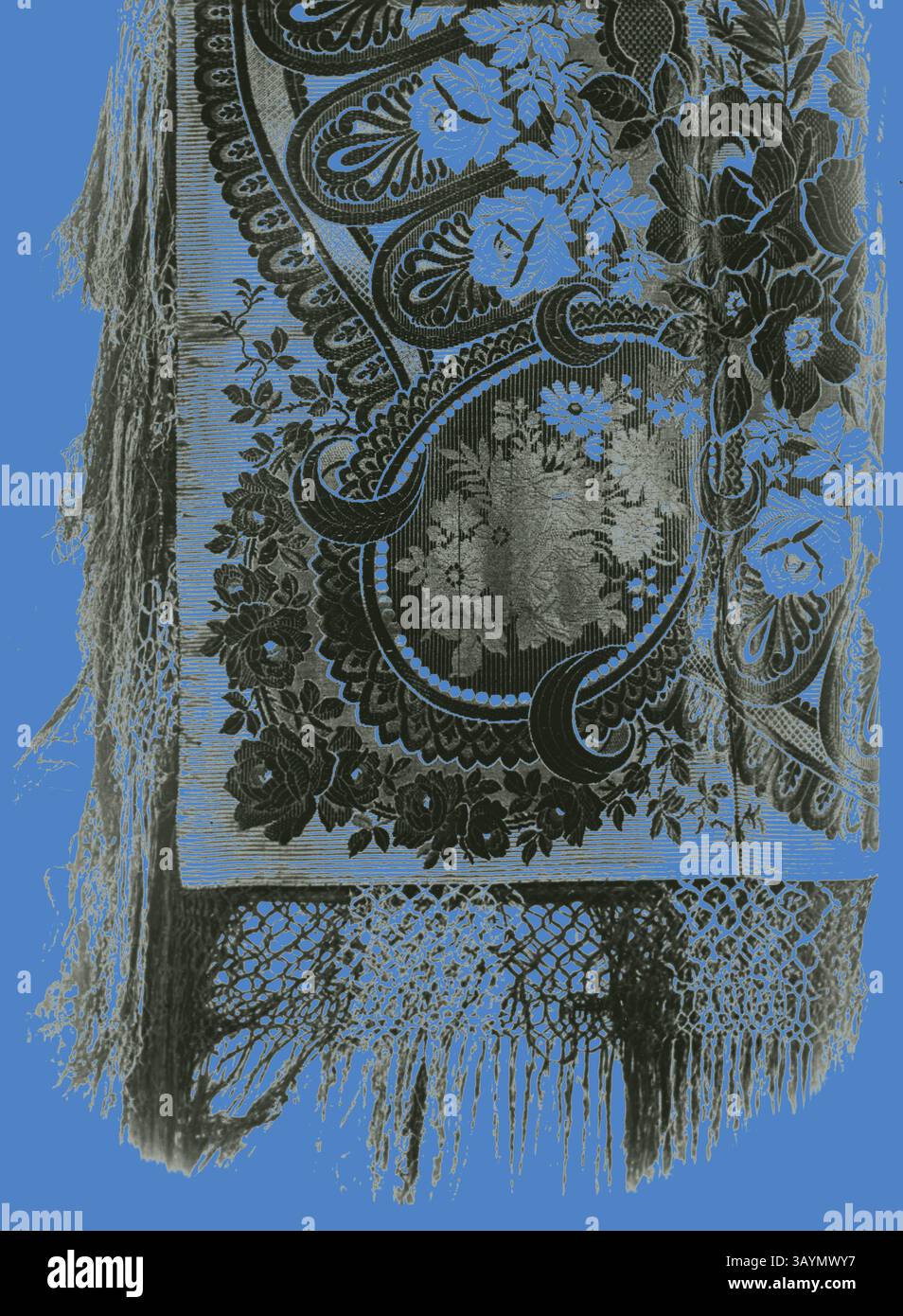 Un tessuto intricato presenta un dettagliato motivo floreale e paisley, caratterizzato da texture ricche e delicate frange lungo i bordi. Il design si intreccia con motivi eleganti, creando una straordinaria armonia visiva. Scialle, 1865/70, Inghilterra, seta e cotone, trama composta, frangia annodata in seta, motivo floreale e pizzo, 161,6 x 154,5 cm (63 5/8 x 60 7/8 poll.) Arte classica con un tocco moderno reinventata da Artotop Foto Stock