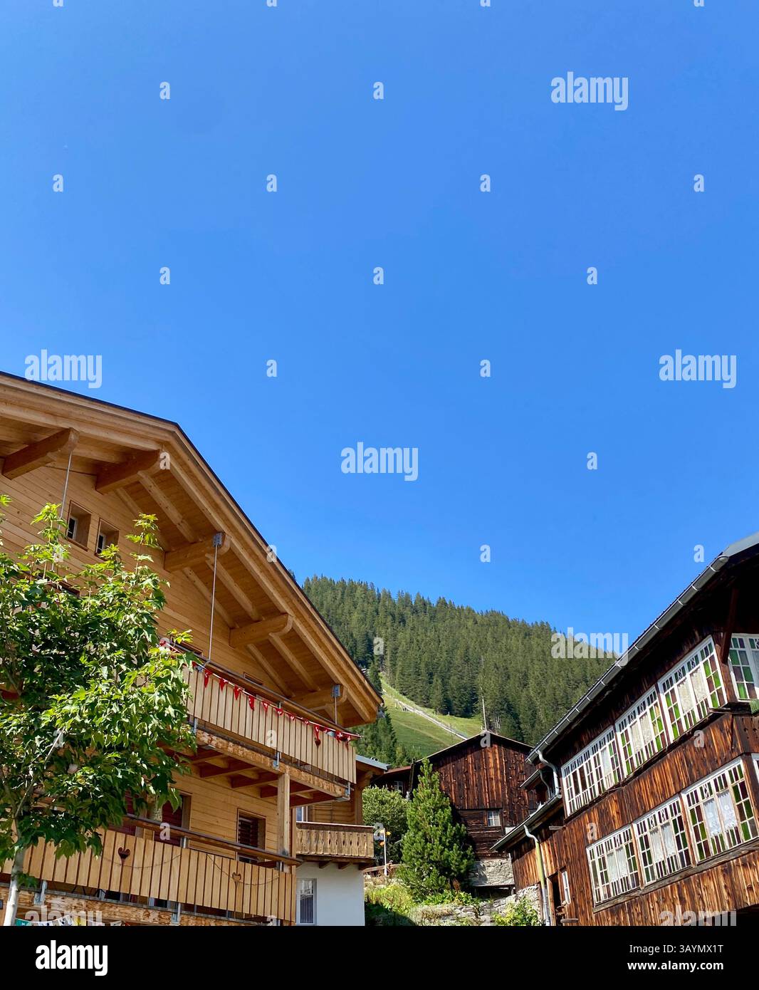 Swiss Alps Cottage Chalet tradizionale in montagna - Vista panoramica di un cottage tradizionale nelle Alpi svizzere con foresta e sfondo di montagna. - Immagine stock catturata con smartphone