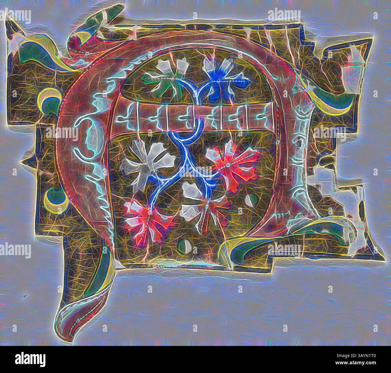 Un design intricato caratterizzato da vivaci motivi floreali intrecciati a linee fluide, crea una composizione visivamente accattivante che fonde elementi naturali con un tocco artistico. La disposizione suggerisce un senso di armonia e creatività, evidenziato da colori audaci e forme curvilinee. Decorazione iniziale A in rosa con sei foglie di quercia da un manoscritto, XIV secolo o moderno, c. 1920, europeo, Europa, manoscritto taglio a tempera e foglia d'oro su pergamena, 68 x 75 mm arte classica con un tocco moderno reinventato da Artotop Foto Stock