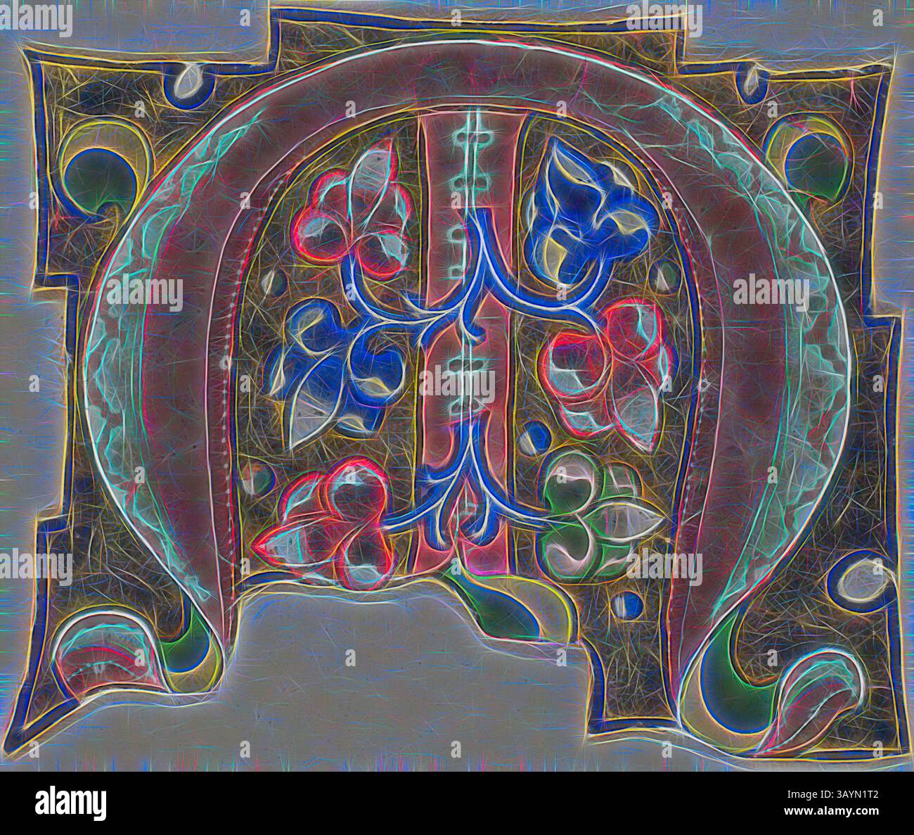 Una vivace e stilizzata rappresentazione di motivi floreali ornati e disegni complessi, con un mix di colori audaci e forme astratte che creano un sorprendente fulcro visivo. Decorato M iniziale in rosa con foglie convenzionali da un Libro del Coro, XIV secolo o moderno, c. 1920, europeo, Europa, manoscritto taglio a tempera e foglia d'oro su pergamena, 70 x 57 mm arte classica con un tocco moderno reinventato da Artotop Foto Stock