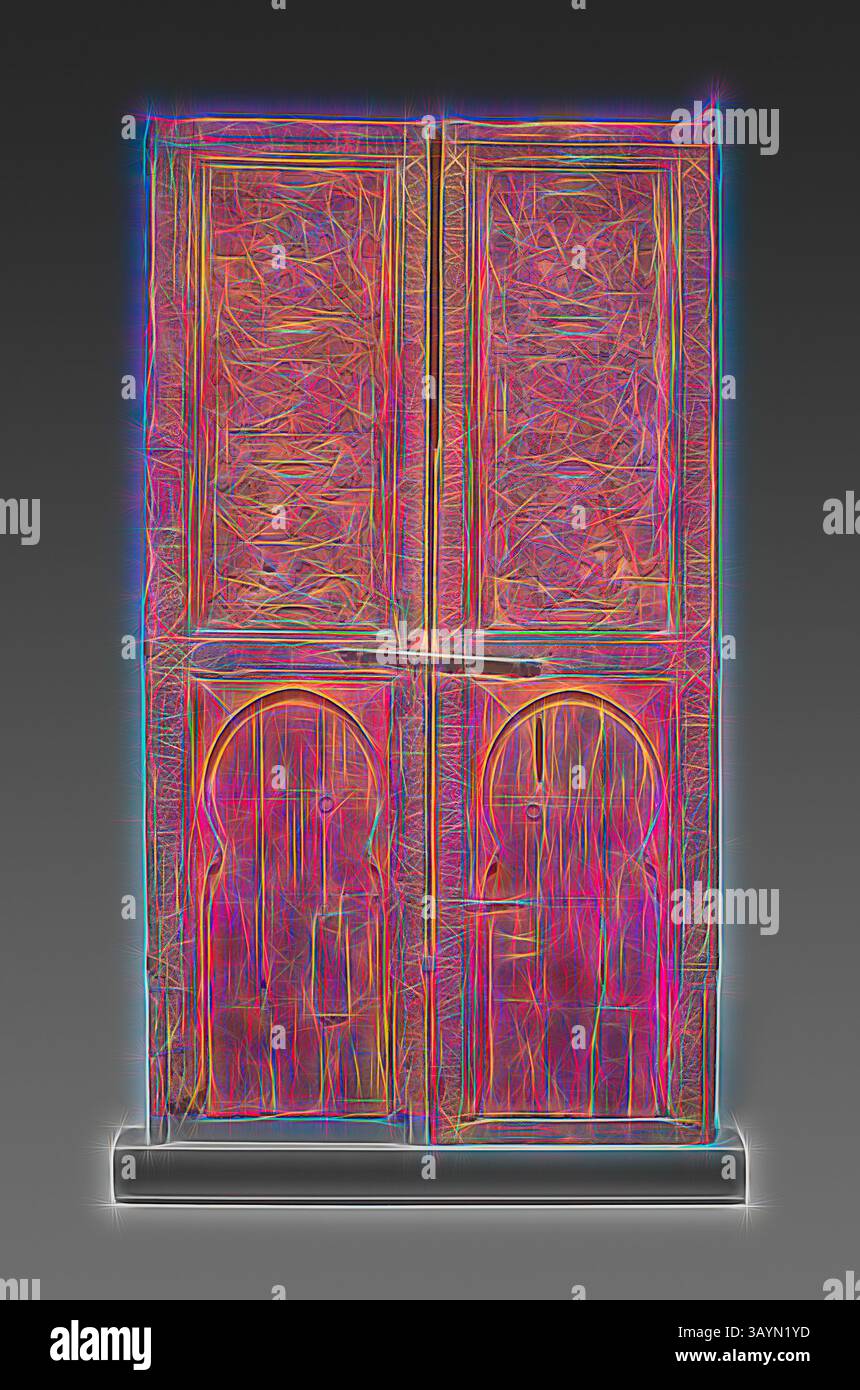 Una suggestiva rappresentazione di una porta ornata caratterizzata da fantasie intricate e contorni vibranti, emanando un senso di storia e arte. Il design fonde varie forme ad arco ed elementi decorativi, creando un effetto visivamente dinamico che attira l'attenzione. Coppia di porte, dinastia marinide, XIV secolo, Marocco, Marocco, legno con bulloni e anelli in ferro, 373,3 x 104,2 x 7,6 cm (149,32 x 41 x 3 poll.) Arte classica con un tocco moderno reinventata da Artotop Foto Stock