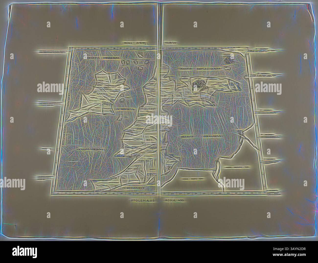 Una mappa progettata in modo complesso con profili geografici ed etichette di due regioni, che mostra una miscela di topografia con contorni e formazioni dettagliate, enfatizzando i paesaggi naturali e le divisioni tra le aree. Prima Europe Tabula: Ptolemaeus Romae 1490, 1490, ristampato 1889, artista sconosciuto, inglese, 19th Century, Inghilterra, Woodcut in nero su carta posato crema Arte classica con un tocco moderno reinventato da Artotop Foto Stock