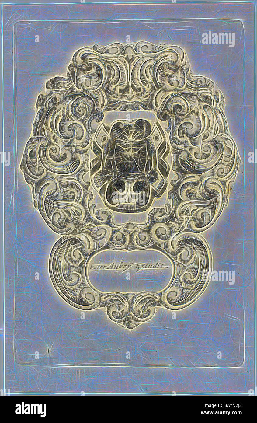 Una cornice decorata dal design intricato circonda un emblema centrale, caratterizzato da raffinate vortici ed elementi decorativi. Il testo in basso recita "Peter Aubry Braude", aggiungendo un tocco personale al pezzo decorativo. Title Page, 1630, Peter Aubry, tedesco, 1596-1668, Germania, incisione su carta, 247 x 160 mm Arte classica con un tocco moderno reinventata da Artotop Foto Stock