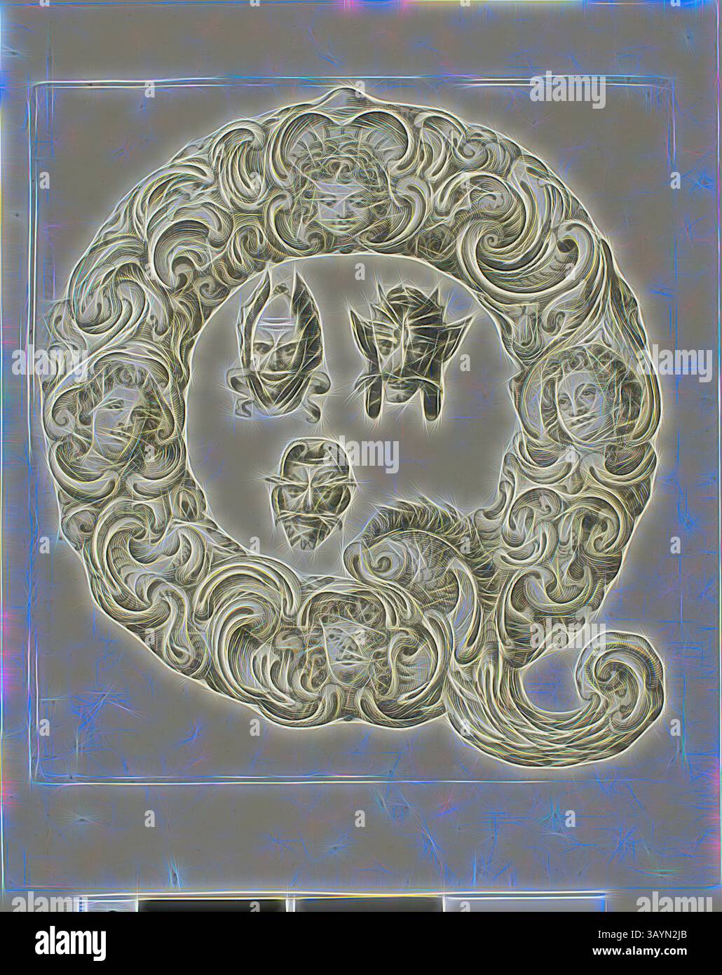 Un design complesso con motivi vorticosi e vari volti stilizzati, tutti disposti per formare la lettera "Q." i volti mostrano una gamma di espressioni, contribuendo a una composizione dinamica e artistica. Lettera Q, 1630, Peter Aubry, tedesco, 1596-1668, Germania, incisione su carta, 238 x 193 mm Arte classica con un tocco moderno reinventata da Artotop Foto Stock