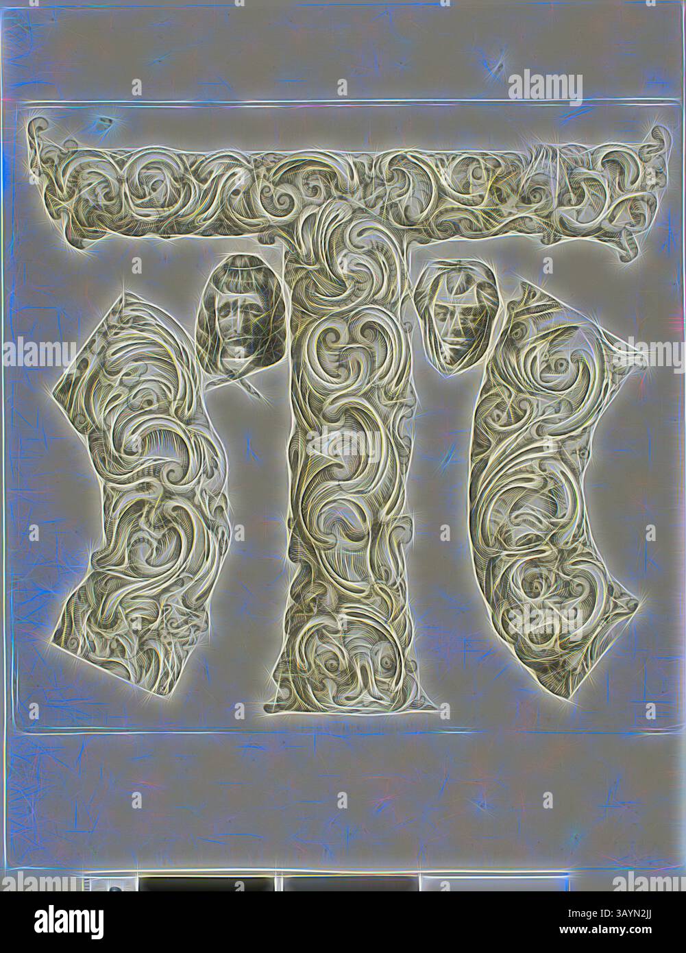 Un design decorato caratterizzato da intricati vortici e motivi, che formano la forma di una grande lettera "T" accompagnata da due figure stilizzate, migliorando la composizione artistica complessiva. Lettera T, 1630, Peter Aubry, tedesco, 1596-1668, Germania, incisione su carta, 252 x 199 mm Arte classica con un tocco moderno reinventata da Artotop Foto Stock