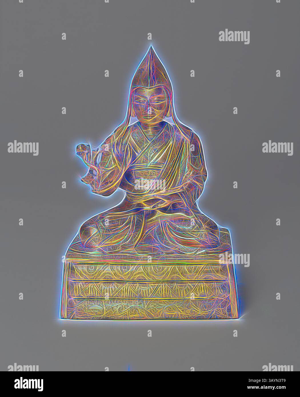 Una dettagliata statua di una figura seduta, adornata da abiti scorrevoli e da una testa appuntita, tiene un'espressione serena mentre alza una mano in un gesto di insegnamenti o benedizioni. La base intagliata presenta motivi ornamentali che enfatizzano la maestria artigianale del pezzo. Ritratto di un lama tibetano, forse il settimo Dalai Lama, XIX secolo, Cina o Tibet, Cina, lega di bronzo Gilt, 16,7 x 11,6 x 9,3 cm (6 5/8 x 4 5/8 x 3 5/8 pollici) Arte classica con un tocco moderno reinventata da Artotop Foto Stock