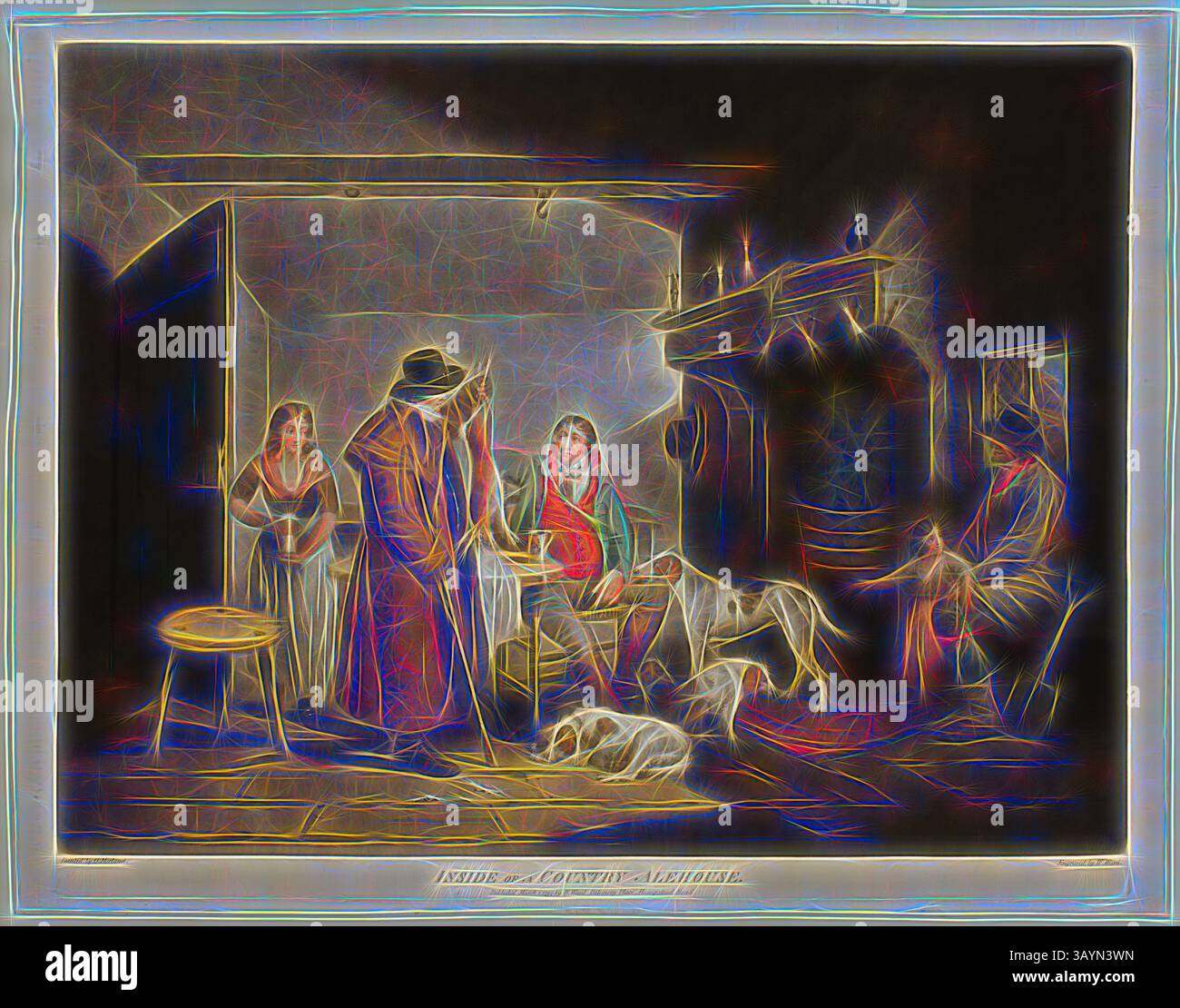 Un intimo ambiente interno caratterizzato da quattro figure impegnate in conversazione, circondate da arredi d'epoca. L'atmosfera suggerisce un momento caldo e domestico, con un cane che riposa nelle vicinanze e una luce soffusa che illumina la stanza. Inside of a Country Alehouse, pubblicato il 1° marzo 1797, William Ward (inglese, 1766-1826), dopo George Morland (inglese, 1763-1804), Inghilterra, mezzotinta colorata a mano su carta tessuta crema, 457 x 604 mm (immagine), 484 x 610 mm (piatto), 511 x 654 mm (foglio) Arte classica con un tocco moderno reinventata da Artotop Foto Stock