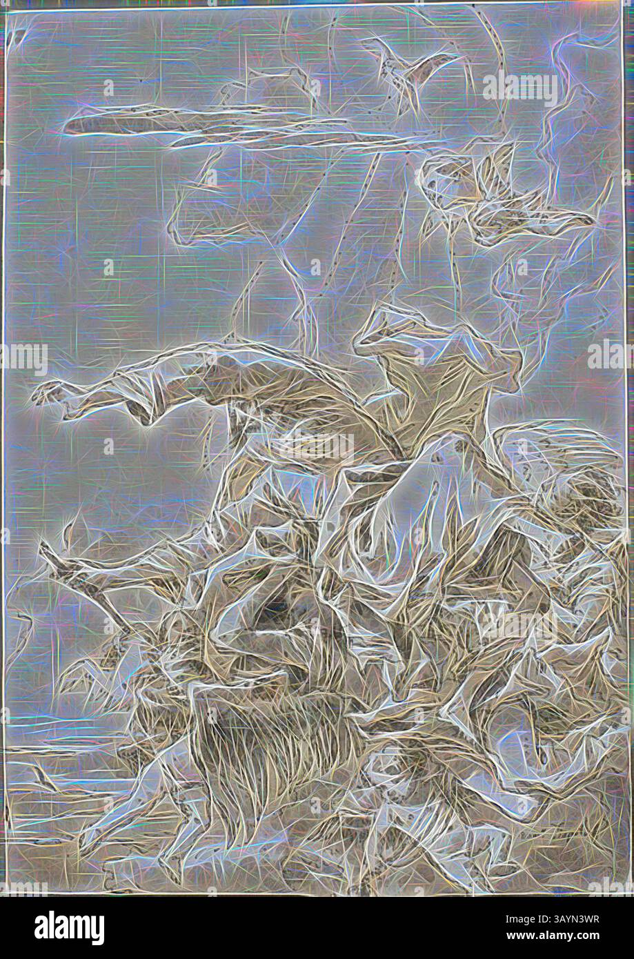 Una composizione dinamica con figure vorticose e tessuti fluenti, apparentemente catturati in un momento di movimento drammatico, che evoca emozioni di lotta ed energia. La scena suggerisce un'interazione di caos e bellezza, con un'illuminazione eterea che aumenta l'intensità. Dio padre sostenuto dagli Angeli nelle nuvole, II, 1759 ca., Giovanni Domenico Tiepolo, italiano, 1727-1804, Italia, penna e inchiostro marrone, con pennello e lavaggio marrone-grigio, su tracce di gesso nero, su carta, 280 x 197 mm Arte classica con un tocco moderno reinventata da Artotop Foto Stock