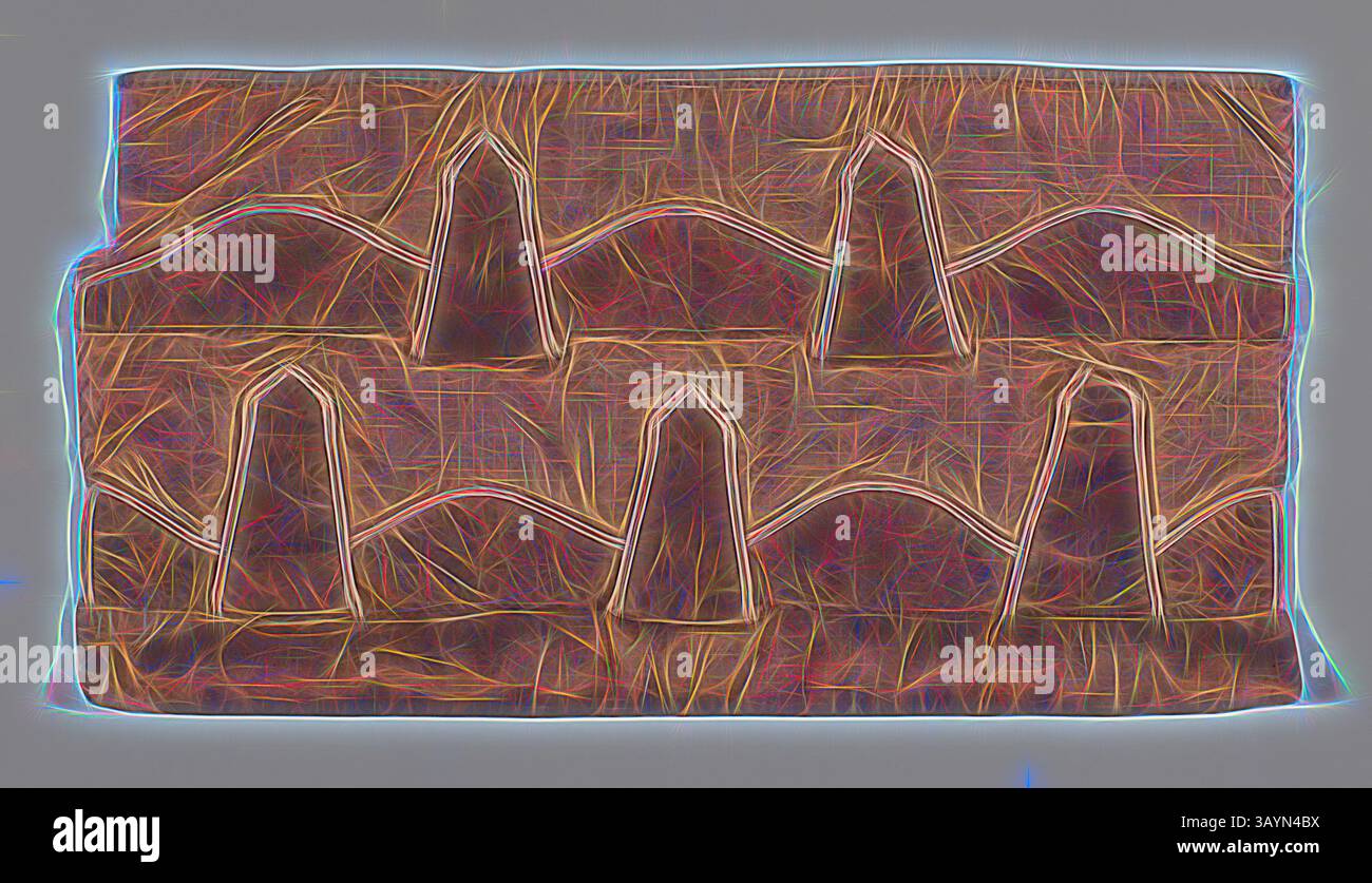 Una rappresentazione astratta di una superficie testurizzata caratterizzata da una serie di picchi e valli, arricchita da contorni vivaci che creano un effetto visivo dinamico. L'interazione di linee e colori aggiunge profondità e complessità al design. Campione (Dress trimming), 1815/35, Inghilterra o Francia, Francia, seta, tessitura semplice, applicazione con seta, tessiture semplici, bordate con seta, tessiture in raso, girato e imbottito (cotone?) orlo, 20,32 x 39,37 cm (8 x 15 1/2 pollici) Arte classica con un tocco moderno reinventata da Artotop Foto Stock