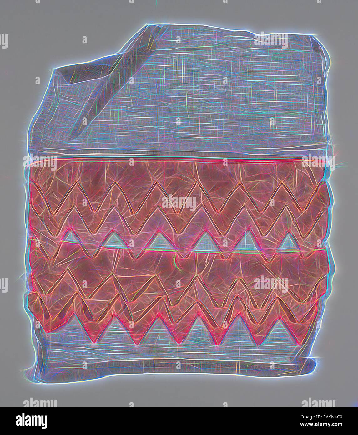 Un tessuto testurizzato caratterizzato da un design a strati, con motivi geometrici intricati in tonalità vivaci. La sezione superiore appare tessuta, mentre la parte inferiore mostra una serie di motivi a zig-zag che aggiungono profondità e dimensione. Campione (Dress trimming), 1815/35, Inghilterra o Francia, Francia, seta, tessiture semplici e seta, tessiture macchiate, cucite, spallate di lino, tessiture semplici, dimensioni, cotone(?) battuta, montata su cotone, tessitura semplice, dimensioni, 50,48 x 40,64 cm (19 7/8 x 16 pollici) Arte classica con un tocco moderno reinventata da Artotop Foto Stock