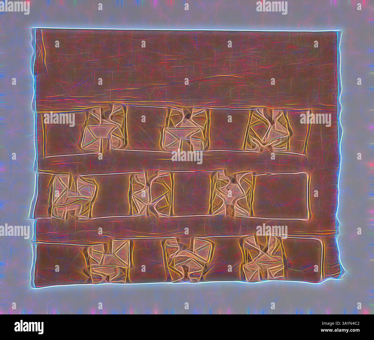 Una rappresentazione astratta caratterizzata da una serie di forme interconnesse disposte in una griglia, con contorni vivaci e una superficie testurizzata che evoca un senso di movimento ed energia. Campione (Dress trimming), 1815/35, Inghilterra o Francia, Francia, cotone, tessuto in twill, applicazione con cotone, tessuto in twill foderato con cotone, trama liscia, 31,12 x 37,78 cm (12 1/4 x 14 7/8 poll.) Arte classica con un tocco moderno reinventata da Artotop Foto Stock