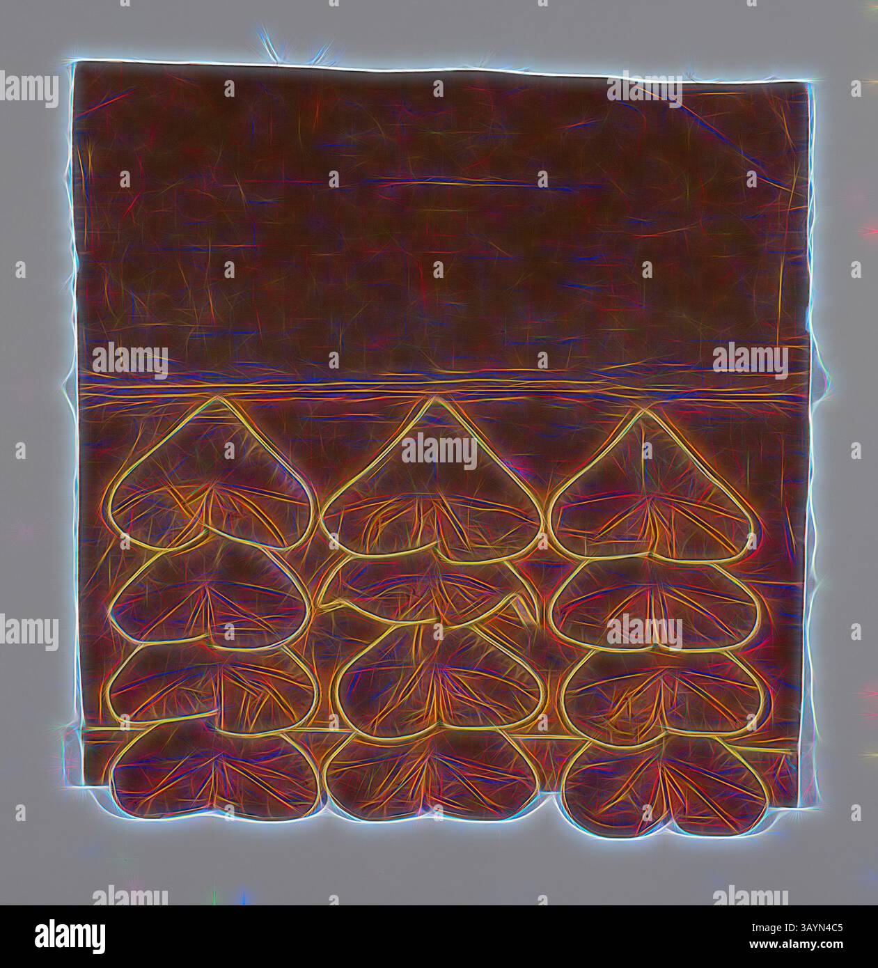 Una disposizione astratta caratterizzata da un motivo simmetrico di forme del cuore, illuminato dinamicamente con linee e sfumature vibranti, su uno sfondo contrastante. Campione (Dress trimming), 1815/35, Inghilterra o Francia, Francia, cotone, tessitura liscia, smaltata, calandra, appliquéd con trama liscia di cotone, bordata con cordonatura rivestita di cotone, tessitura liscia, smaltata, calandrata, bordata con cordonatura rivestita di cotone, tessitura liscia, smaltata, calanderizzata, 38,1 x 36,2 cm (15 x 14 1/4 poll.) Arte classica con un tocco moderno reinventata da Artotop Foto Stock