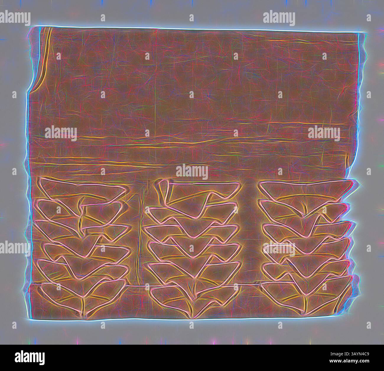 Un design astratto con forme a strati disposte in righe, con contorni vivaci che creano un senso di profondità e movimento. Lo sfondo contrasta con gli elementi decorativi, aggiungendo interesse visivo e complessità. Campione (Dress trimming), 1815/1835, Inghilterra o Francia, Francia, cotone, intreccio in twill, bordato con cotone, tessuto liscio, applicazione con cotone, intrecci in twill, bordato con cotone, intrecci semplici, 36,83 x 35,56 cm (14 1/2 x 14 poll.) Arte classica con un tocco moderno reinventata da Artotop Foto Stock