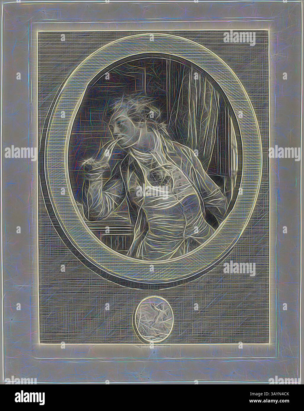 Un ritratto stilizzato di una donna che riposa la testa sulla mano, guardando penosamente fuori da una finestra. È incorniciata all'interno di un design circolare, circondata da un bordo decorativo che migliora la qualità artistica della scena. Linee morbide e curve suggeriscono un senso di introspezione e tranquillità. Dipende dalle mie promesse, 1789, Augustin de Saint-Aubin, francese, 1736–1807, Francia, incisione e incisione su carta posata avorio, 337 x 247 mm (immagine), 367 x 264 mm (piastra), 406 x 319 mm (foglio) Arte classica con un tocco moderno reinventato da Artotop Foto Stock