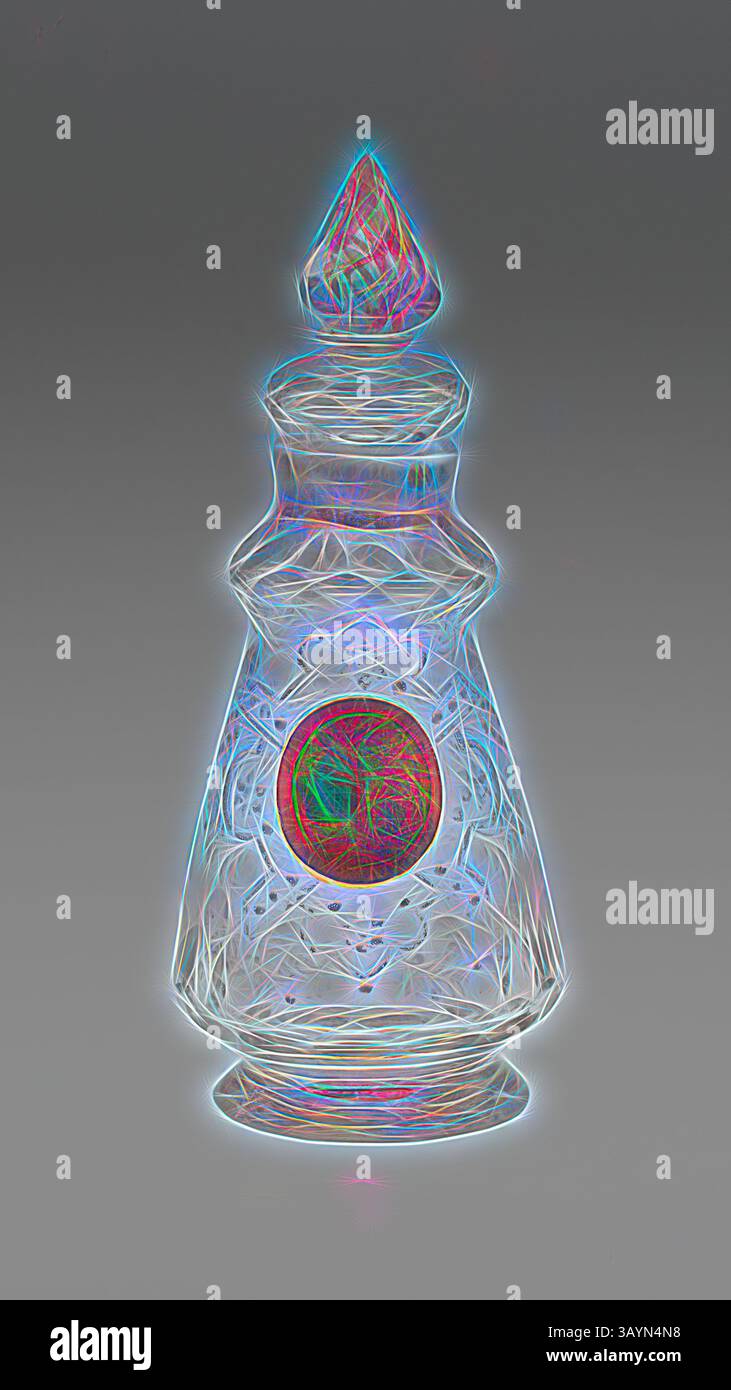 Una bottiglia di vetro stilizzata con motivi intricati e una vivace sfera rossa al centro, con coperchio a punta che ne esalta l'eleganza. Flask, c. 1730, Boemia, Repubblica ceca, Boemia, vetro, H. 16,5 cm (6 1/2 poll.) Arte classica con un tocco moderno reinventata da Artotop Foto Stock
