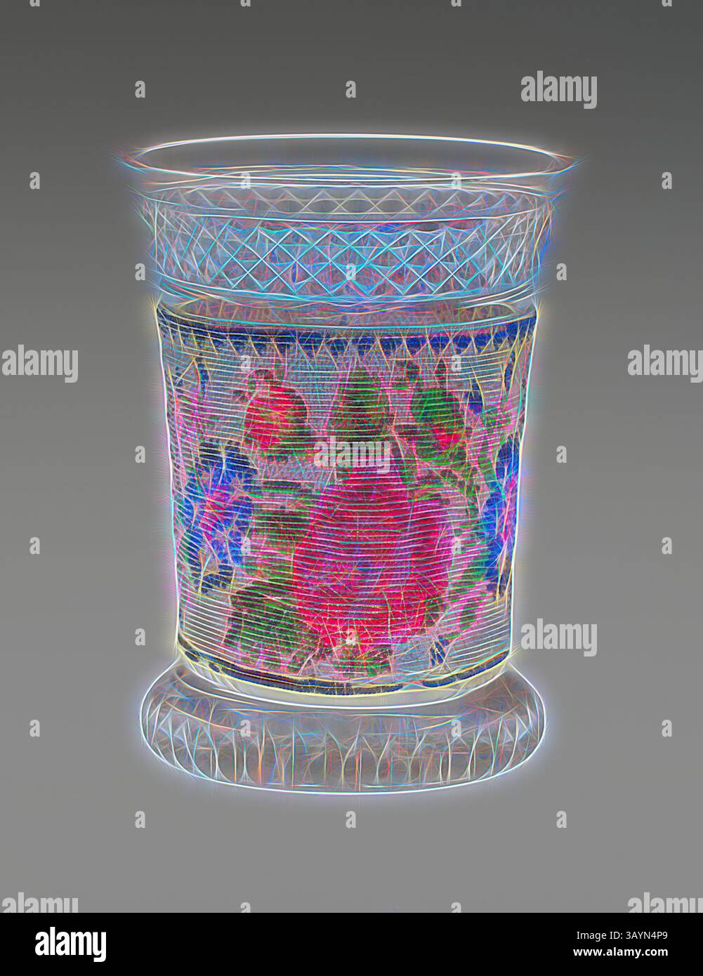 Una tazza decorativa presenta fantasie floreali complesse, che mostrano rose vivaci e altri fiori su uno sfondo testurizzato. Il suo design elegante è completato da dettagli geometrici vicino al bordo, che creano un fascino visivo sorprendente. Becher con bordino, 1820/40, Boemia, Repubblica Ceca, Boemia, vetro, soffiato, tagliato e lucidato, incastonato in maniche di rose e padelle in perle di vetro colorate tessute su una rete di seta, 12,4 x 9,2 cm (4 7/8 x 3 5/8 poll.) Arte classica con un tocco moderno reinventata da Artotop Foto Stock