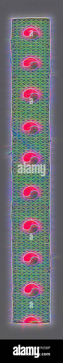 Una striscia testurizzata caratterizzata da un motivo ripetuto di audaci forme rosse su sfondo verde a griglia, creando un design esteticamente accattivante e astratto. Frammento, periodo Edo (1615-1868), 1701/25, Giappone, Brocaded Fancy satin, seta, 84,1 x 10,5 cm (33 1/4 x 1/8 pollici) Arte classica con un tocco moderno reinventata da Artotop Foto Stock