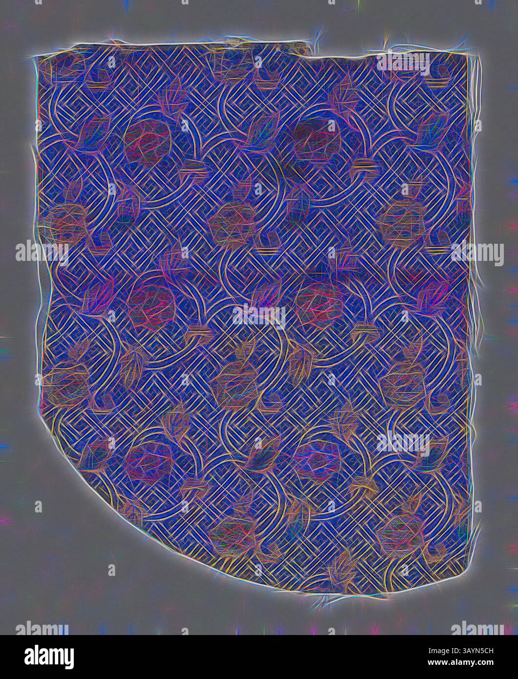 Superficie testurizzata caratterizzata da un complesso motivo geometrico intrecciato con motivi floreali, che irradiano colori vivaci e un senso di profondità. Frammento, periodo Edo (1615–1868), XVII secolo, Giappone, panno composto semplice, seta, 21,3 x 16,9 cm (3/8 x 5/8 pollici) Arte classica con un tocco moderno reinventata da Artotop Foto Stock