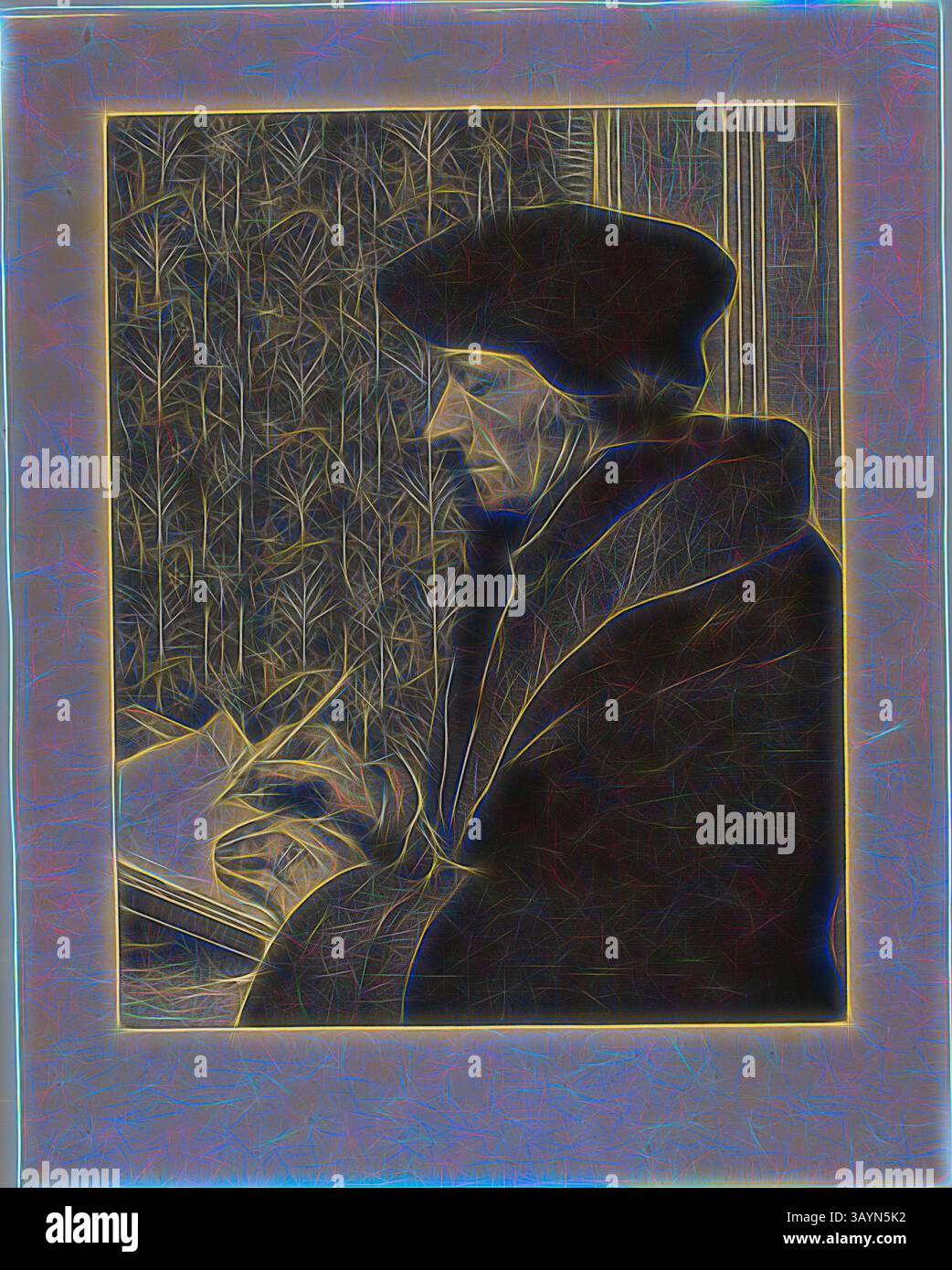 Una figura premurosa vestita in abiti d'epoca, focalizzata su un libro seduto accanto a una finestra, circondata da una rappresentazione artistica di motivi e texture che evocano un senso di atmosfera storica. Erasmus, 1863, Félix Bracquemond (francese, 1833-1914), dopo Hans Holbein il giovane (tedesco, 1497-1543), Francia, incisione su carta, 249 x 198 mm (immagine), 320 x 255 mm (foglio) Arte classica con un tocco moderno reinventata da Artotop Foto Stock