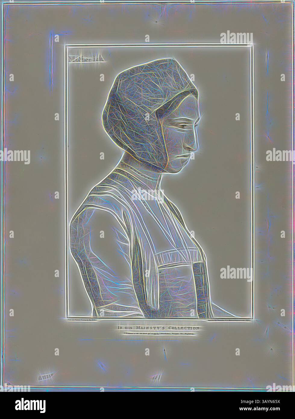 Una vista del profilo di una donna vestita con un abbigliamento tradizionale, caratterizzato da un berretto modesto e un abito dettagliato. La sua espressione è contemplativa, evidenziando un senso di introspezione o serenità. Madre Jak, 10 aprile 1797, Francesco Bartolozzi (italiano, 1727-1815), dopo Hans Holbein il giovane (tedesco, 1497-1543), Italia, incisione Stipple su carta tessuta avorio, 382 x 260 mm (immagine), 429 x 304 mm (piatto), 540 x 408 mm (foglio) Arte classica con un tocco moderno reinventata da Artotop Foto Stock