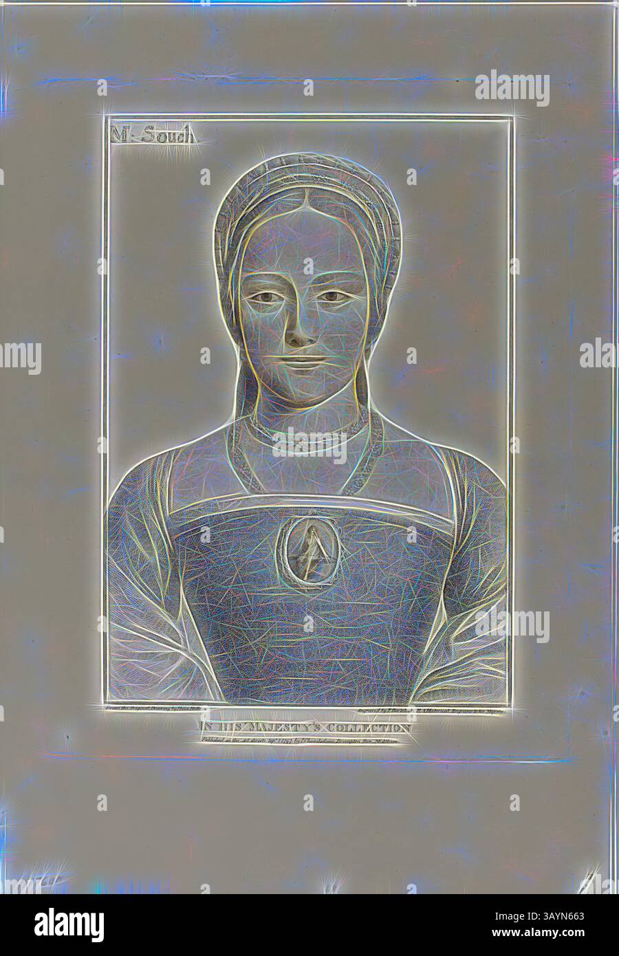 Una rappresentazione stilizzata di una donna in un abito storico, caratterizzata da linee intricate e un effetto luminoso. La sua espressione è serena, ed è adornata da una spilla distintiva al centro del suo abbigliamento. Sig.ra Souch, 1 settembre 1797, Francesco Bartolozzi (italiano, 1727-1815), dopo Hans Holbein il giovane (tedesco, 1497-1543), Italia, incisione Stipple su carta tessuta panna, 298 x 206 mm (immagine), 344 x 266 mm (piatto), 454 x 310 mm (foglio) Arte classica con un tocco moderno reinventata da Artotop Foto Stock