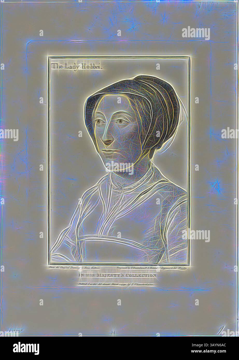 Una donna con caratteristiche distintive e un'espressione mirata, che indossa un abito semplice e riflette un comportamento premuroso. L'opera enfatizza la sua presenza serena, incorniciata in uno stile classico. Lady Hobby, 1 marzo 1793, Francesco Bartolozzi (italiano, 1727-1815), dopo Hans Holbein il giovane (tedesco, 1497-1543), Italia, incisione Stipple su carta tessuta avorio, 289 x 197 mm (immagine), 343 x 255 mm (piatto), 463 x 327 mm (foglio) Arte classica con un tocco moderno reinventata da Artotop Foto Stock