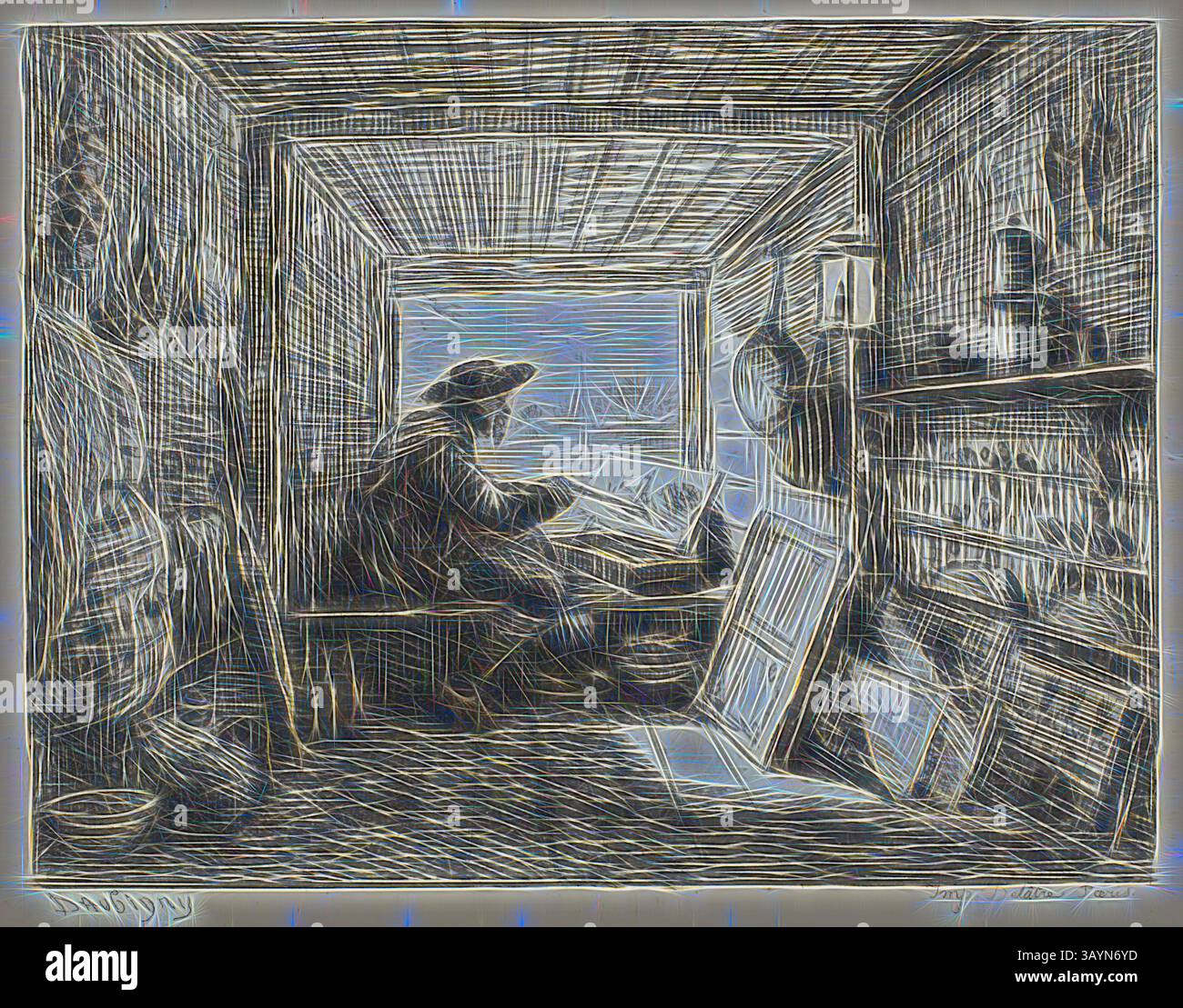 Una figura siede su un tavolo di legno, incentrato sullo schizzo o sulla pittura, circondato da vari materiali artistici. La luce naturale si filtra attraverso una finestra, proiettando ombre delicate negli interni rustici pieni di strumenti e opere d'arte, evocando un senso di creatività e introspezione. The Boat Studio, dalla gita in barca, 1861, Charles Francois Daubigny, francese, 1817-1878, Francia, incisione su carta posata in avorio, 101 x 132 mm (immagine), 130 x 177 mm (piastra), 220 x 299 mm (foglio) Arte classica con un tocco moderno reinventata da Artotop Foto Stock