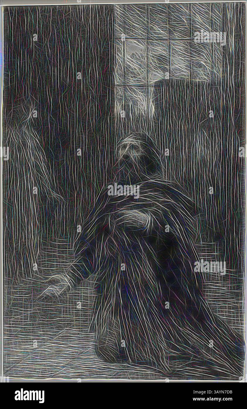 Una figura si inginocchia in un'atmosfera cupa, avvolto in abiti che scorrono, evocando un senso di contemplazione o dolore. Ombre e linee creano uno sfondo testurizzato, migliorando la profondità emotiva della scena. Rienzi, atto V: Rienzi’s Prayer, c. 1886, Henri Fantin-Latour, francese, 1836-1904, Francia, litografia su carta bianca cinese su carta bianca tessuta, 226 x 147 mm (immagine), 446 x 339 mm (foglio) Arte classica con un tocco moderno reinventata da Artotop Foto Stock