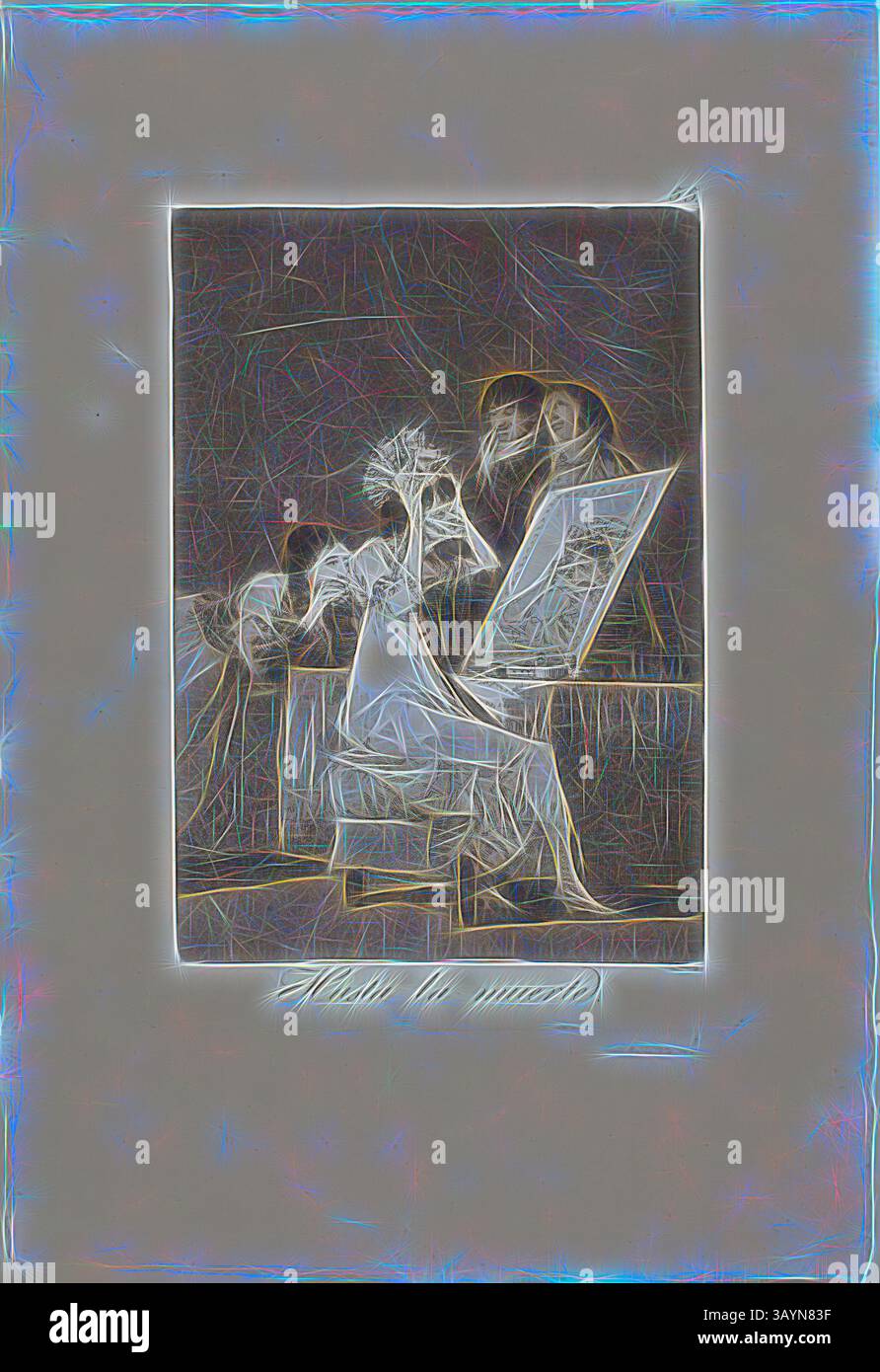 Una figura siede su un cavalletto, incentrato sulla creazione di un capolavoro, mentre altre due guardano con ammirazione e curiosità. La scena cattura un momento condiviso di ispirazione ed espressione artistica. Fino alla morte, piatto 55 da Los Caprichos, 1797/99, Francisco José de Goya y Lucientes, spagnolo, 1746-1828, Spagna, incisione, acquatinta brunita e punto di essiccazione su carta posata in avorio, 190 x 132 mm (immagine), 215 x 150 mm (piastra), 320 x 218 mm (foglio) Arte classica con un tocco moderno reinventata da Artotop Foto Stock