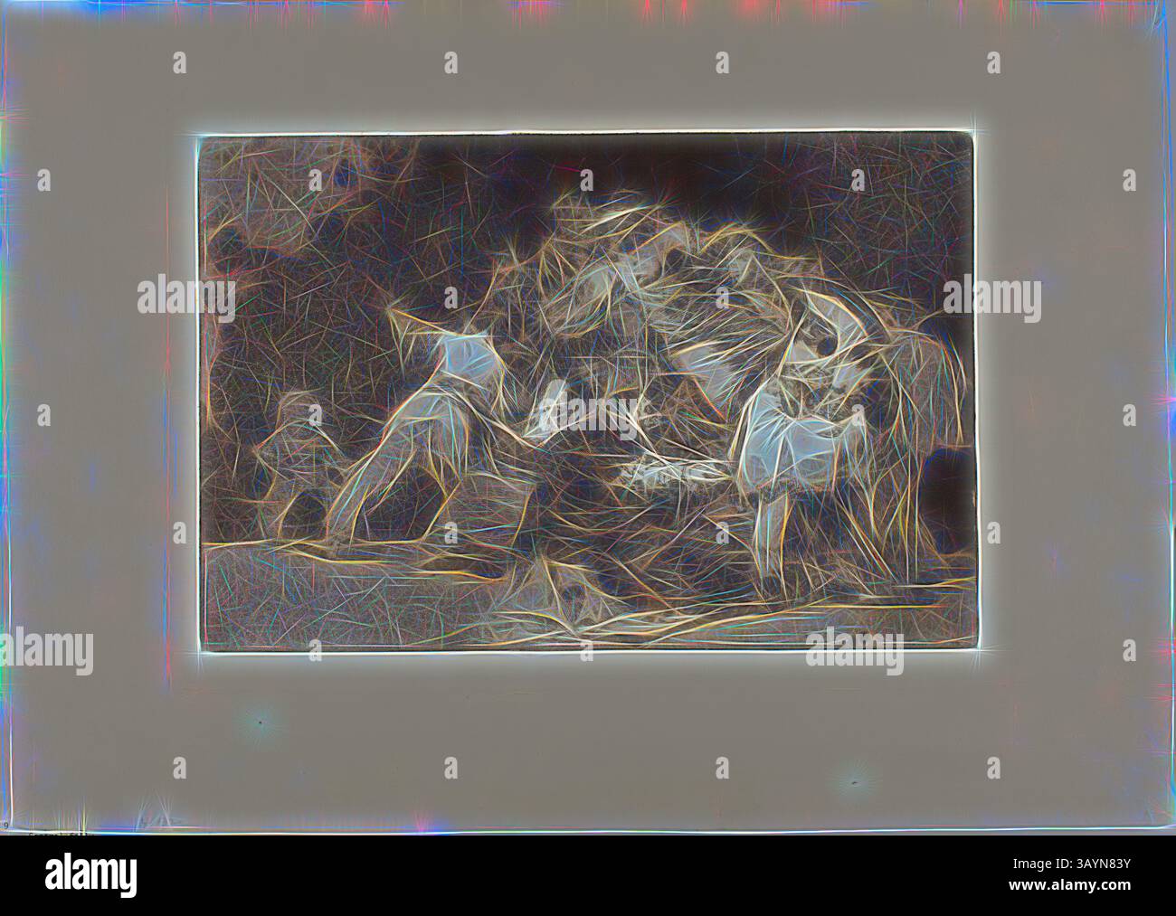 Una rappresentazione stilizzata di una tranquilla scena rurale, con figure impegnate in un'attività pacifica, circondate da un paesaggio etereo che fonde elementi naturali con un tocco artistico. The Claws of a Cat and the Dress of a Devotee, simile a Vice, è spesso rivestito nell'abitudine di Virtue, piatto nove di Los Proverbios, 1815/24, Francisco José de Goya y Lucientes, spagnolo, 1746-1828, Spagna, acquatinta brunita e incisa con inchiostro seppia su carta avorio tessuta, 217 x 327 mm (immagine), 245 x 355 mm (piatto), 350 x 488 mm (foglio) arte classica reinventata da un moderno disegno Artopo Foto Stock