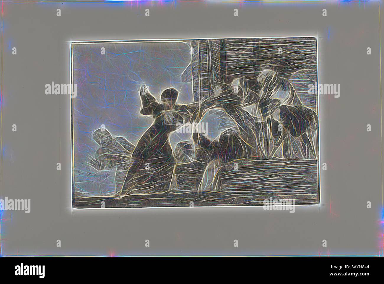 Un gruppo di figure espressive interagiscono in una scena dinamica, le loro forme sono delicatamente delineate su uno sfondo testurizzato. La composizione trasmette un senso di movimento ed emozione, richiamando l'attenzione sui dettagli intricati delle loro pose e gesti. Poor Folly, plate undici from Los Proverbios, 1815/24, Francisco José de Goya y Lucientes, spagnolo, 1746-1828, Spagna, Etching, acquatinta brunita, secchezza e burin su carta avorio tessuta, 217 x 322 mm (immagine), 245 x 350 mm (piastra), 332 x 496 mm (foglio) Arte classica con un tocco moderno reinventata da Artotop Foto Stock